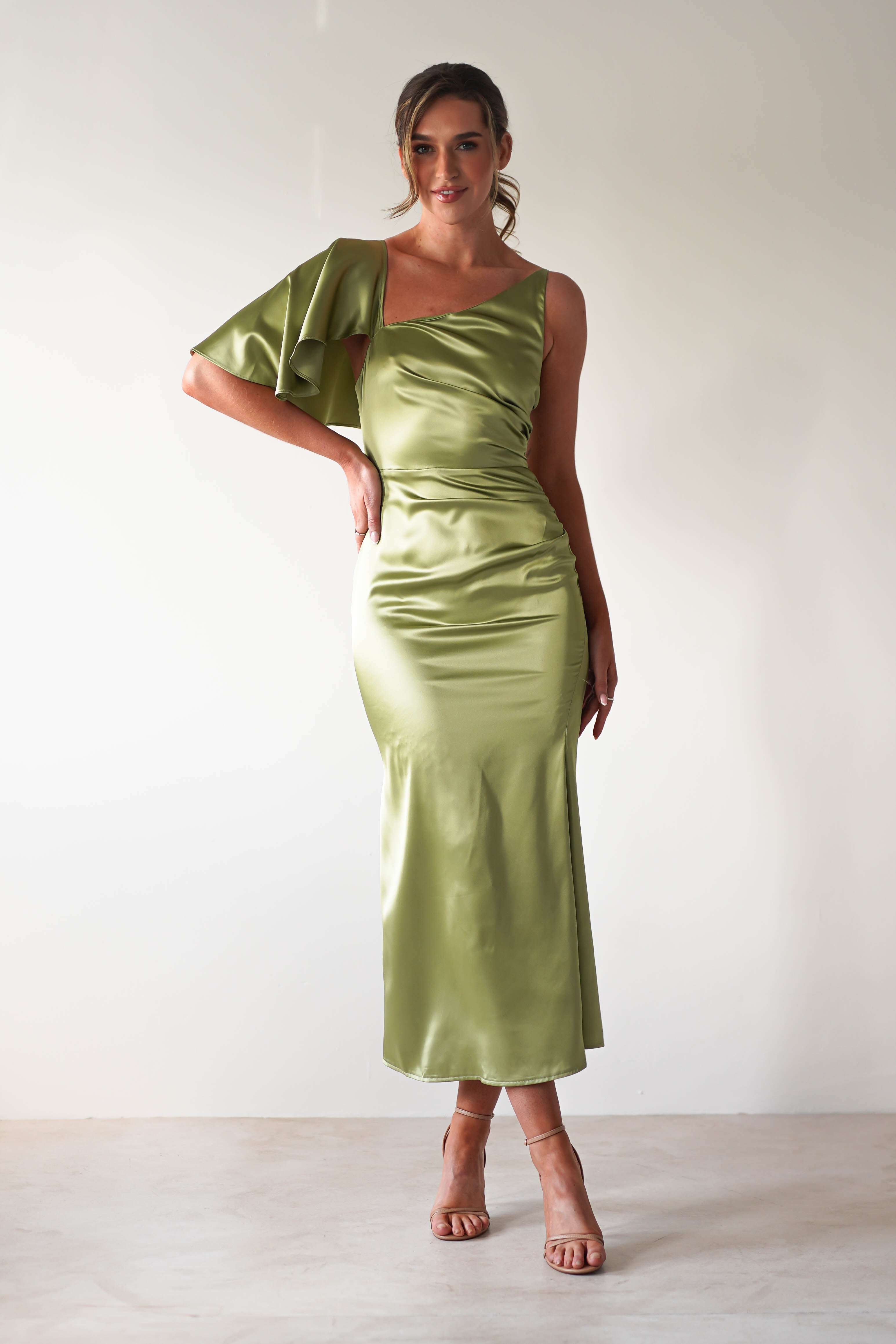 Esme Satin Midaxi Dress Lime Green | Wedding Guest Dress | Satin | Oh Hello Clothing