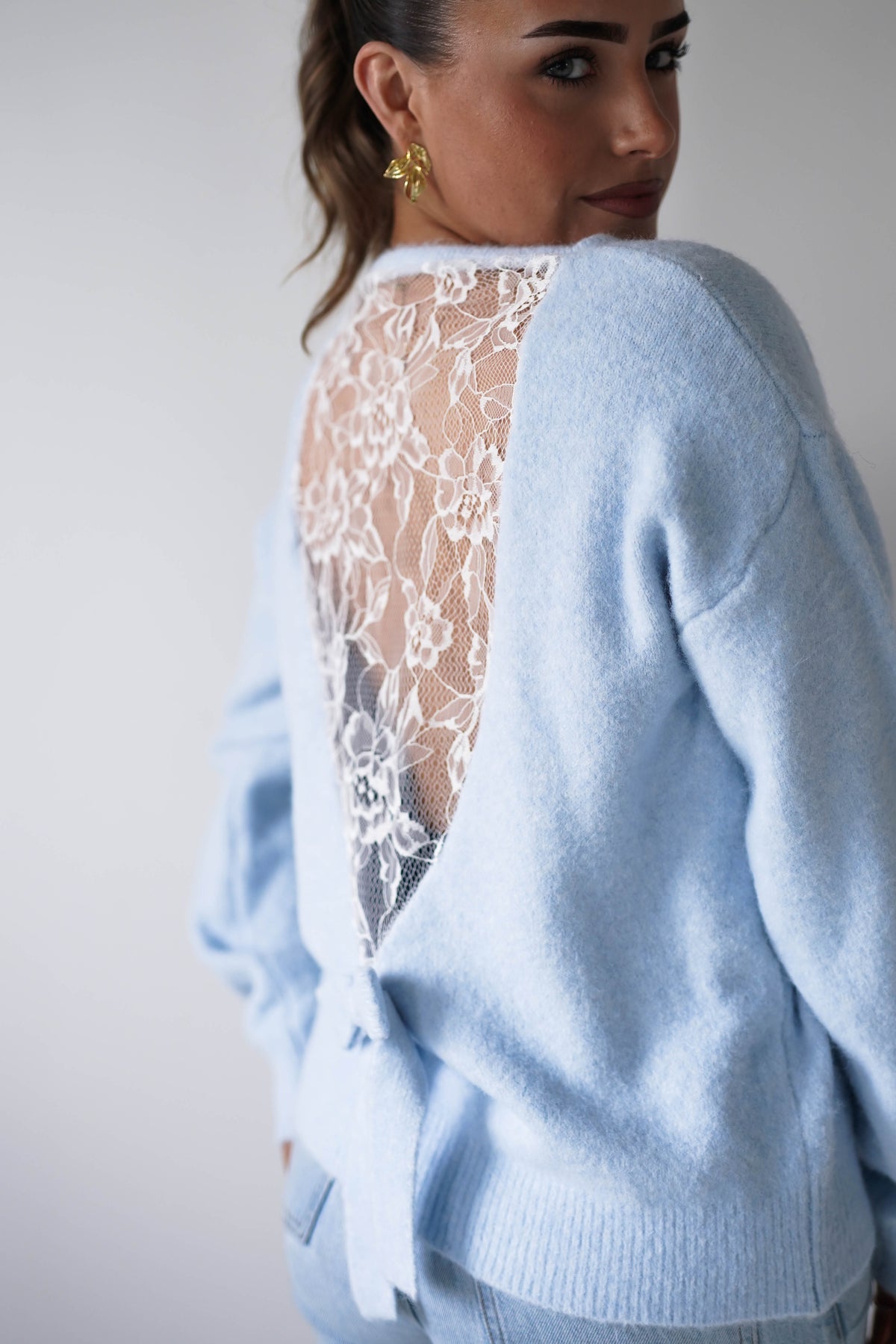 Oh Hello Clothing Women > Clothing > Knitwear ONE SIZE (6/12) 1*DONE- AZAKA-AT9460-BLUE jumper with lace back and bow detail.
