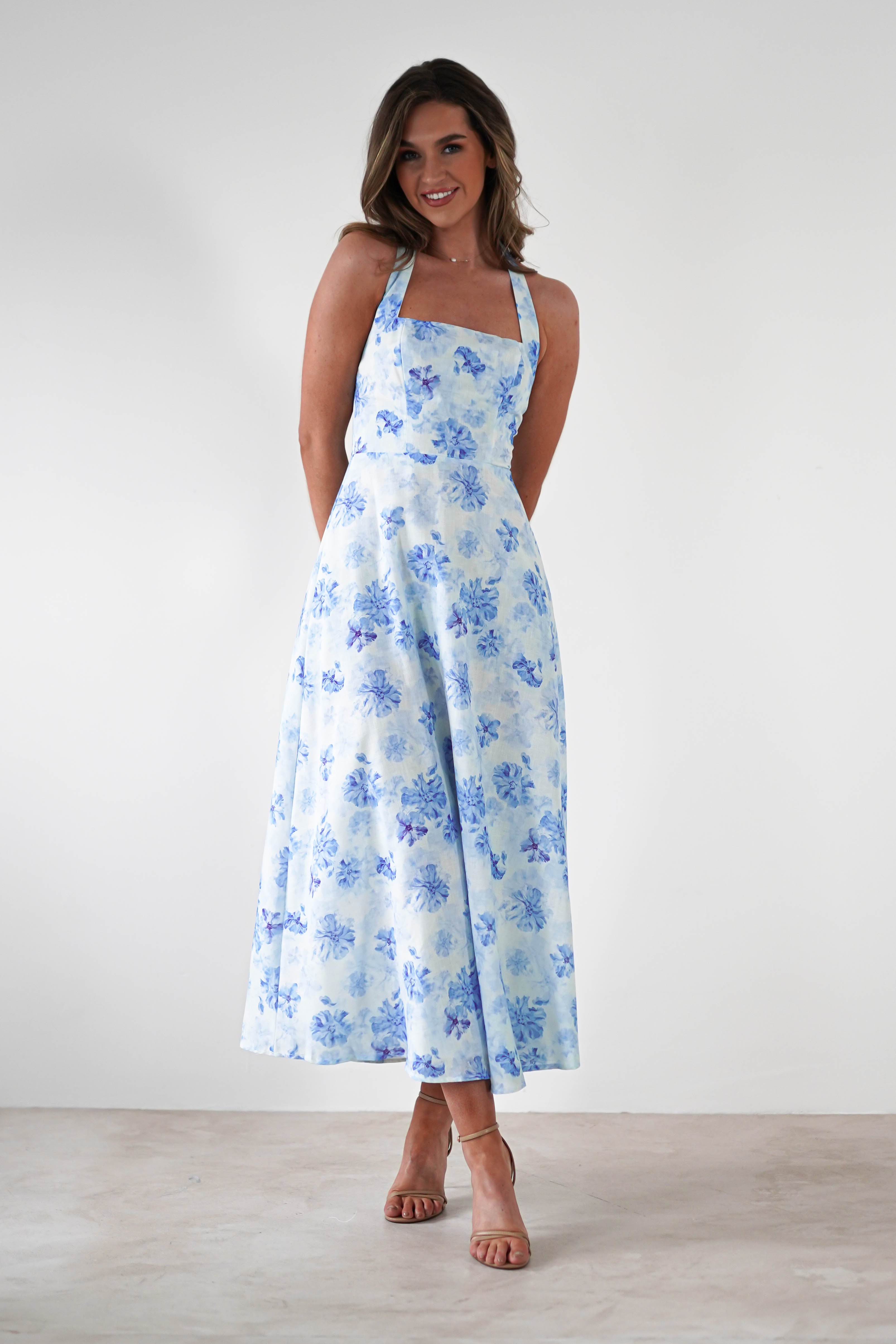 Suzette Floral Skater Maxi Dress Blue/White | Wedding Guest Dress | Maxi | Skater | Oh Hello Clothing