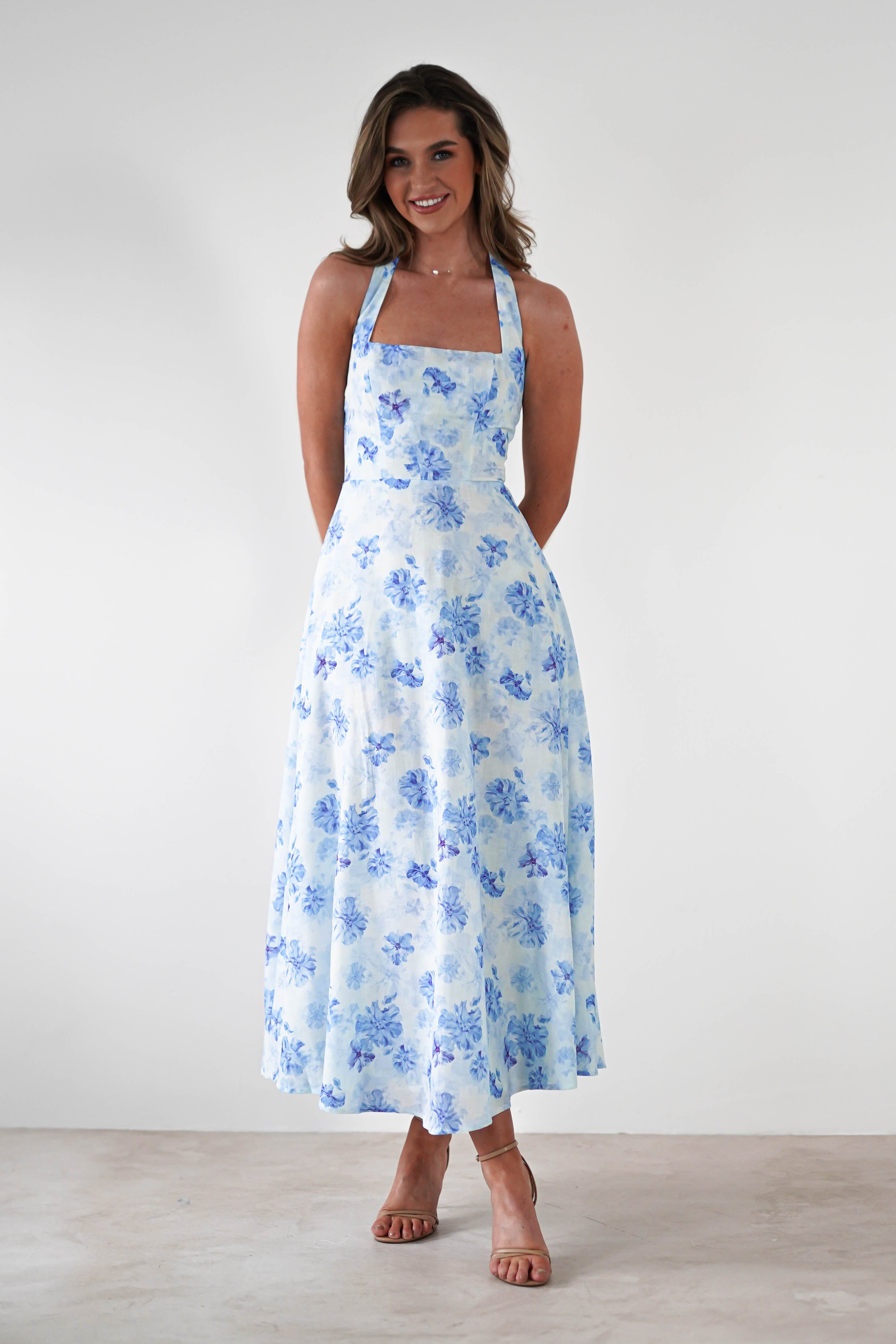 Suzette Floral Skater Maxi Dress Blue/White | Wedding Guest Dress | Maxi | Skater | Oh Hello Clothing