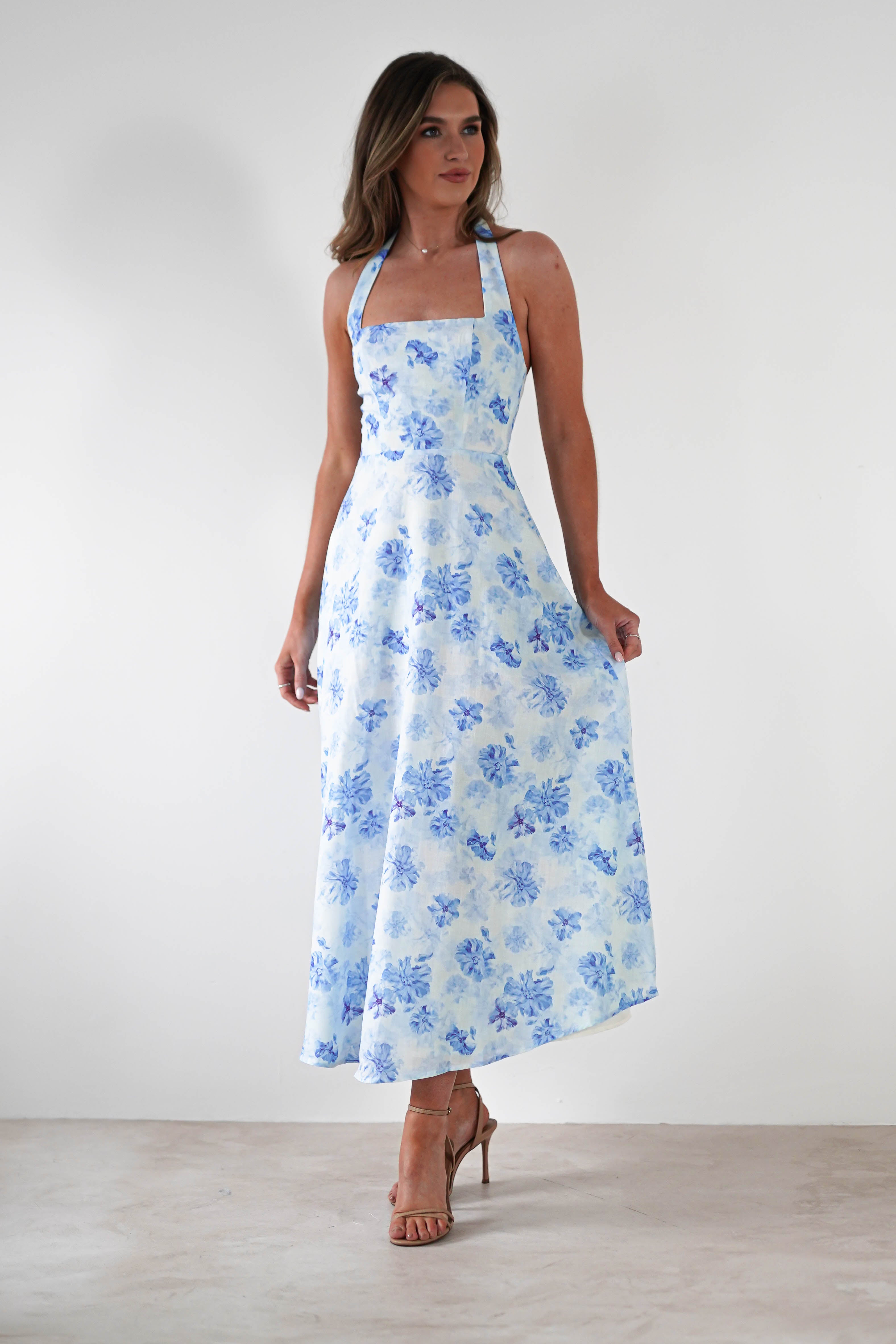 Suzette Floral Skater Maxi Dress Blue/White | Wedding Guest Dress | Maxi | Skater | Oh Hello Clothing