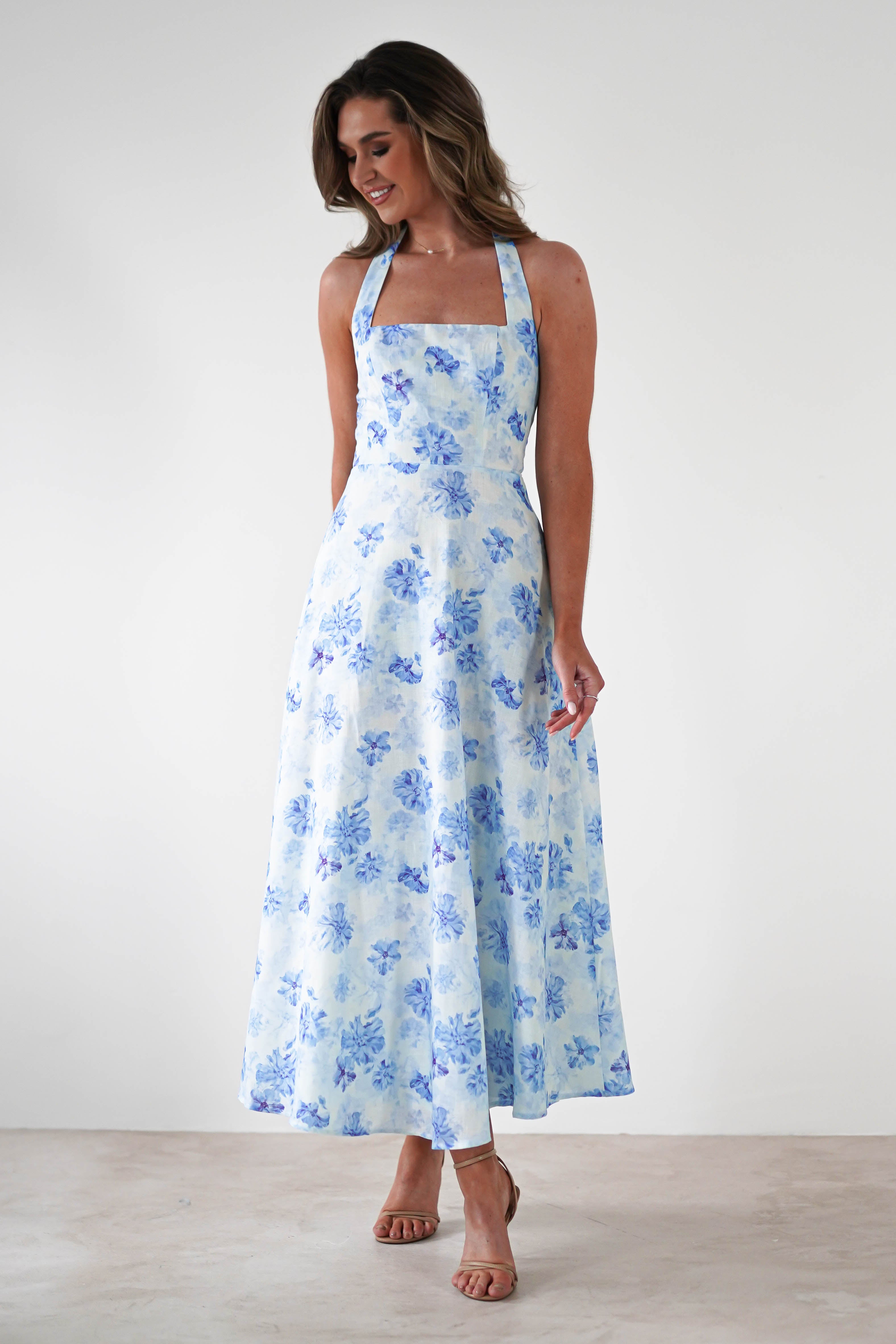 Suzette Floral Skater Maxi Dress Blue/White | Wedding Guest Dress | Maxi | Skater | Oh Hello Clothing