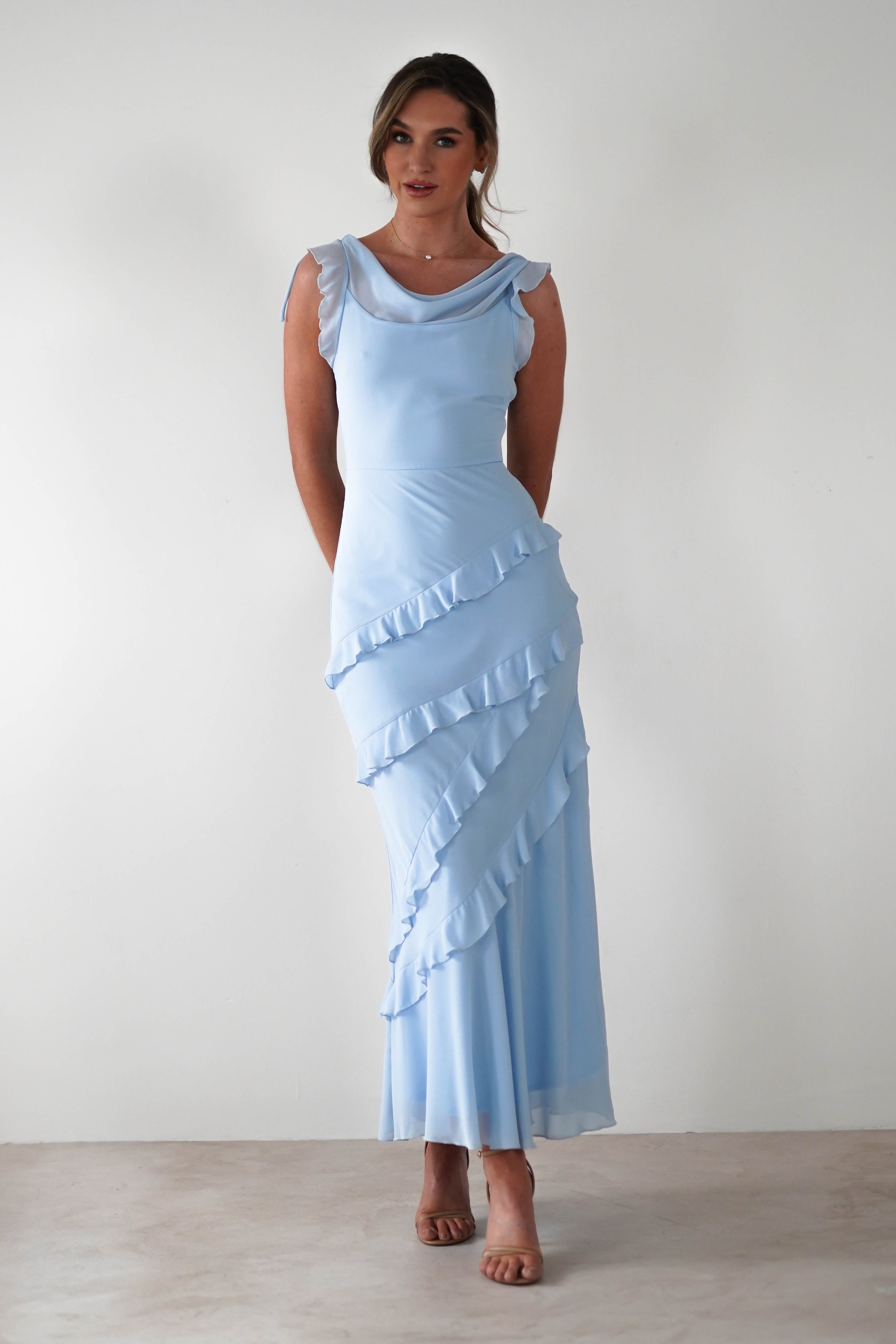 Lauretta Ruffle Chiffon Maxi Dress Blue | Wedding Guest Dress | Maxi | Chiffon | Oh Hello Clothing