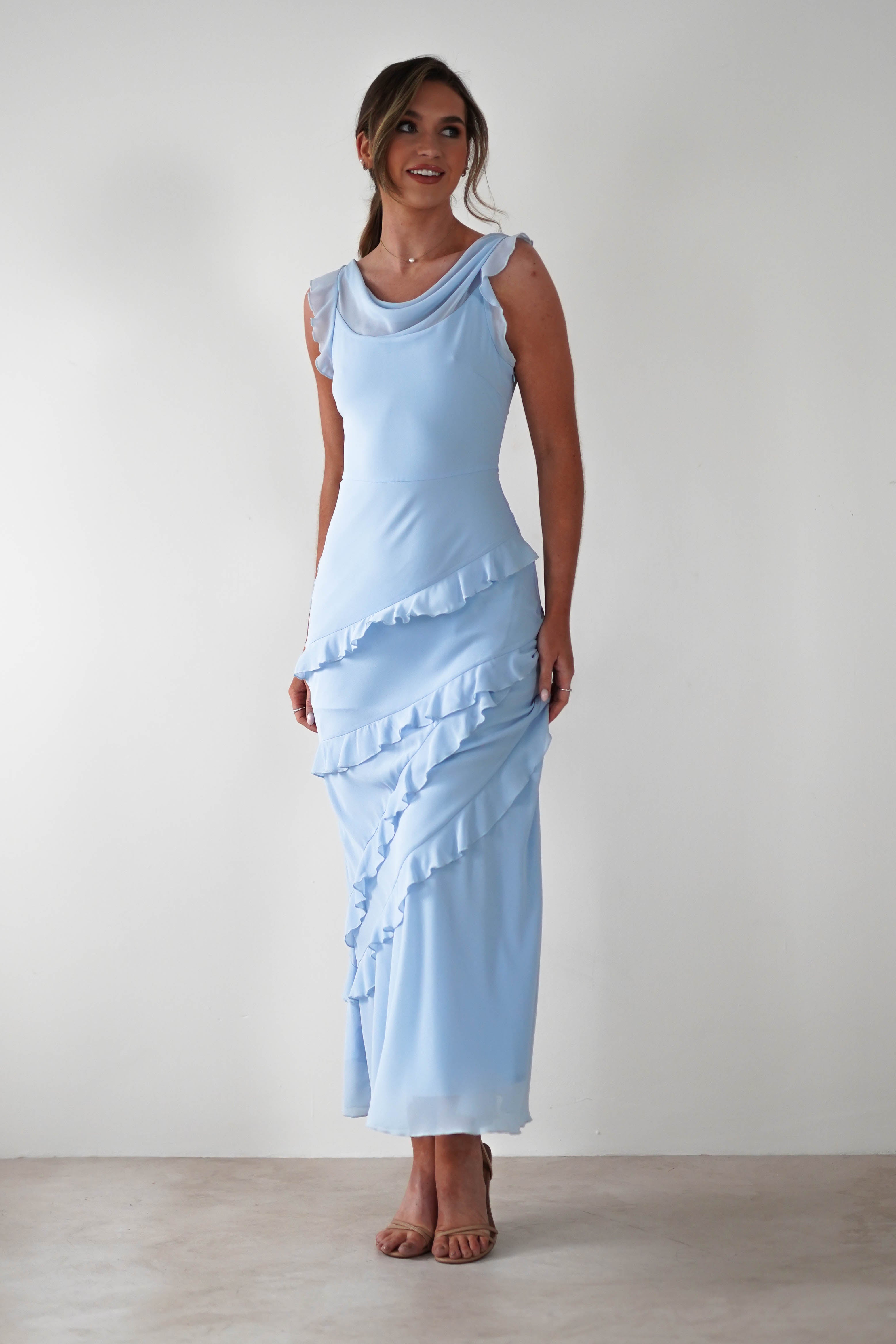 Lauretta Ruffle Chiffon Maxi Dress Blue | Wedding Guest Dress | Maxi | Chiffon | Oh Hello Clothing