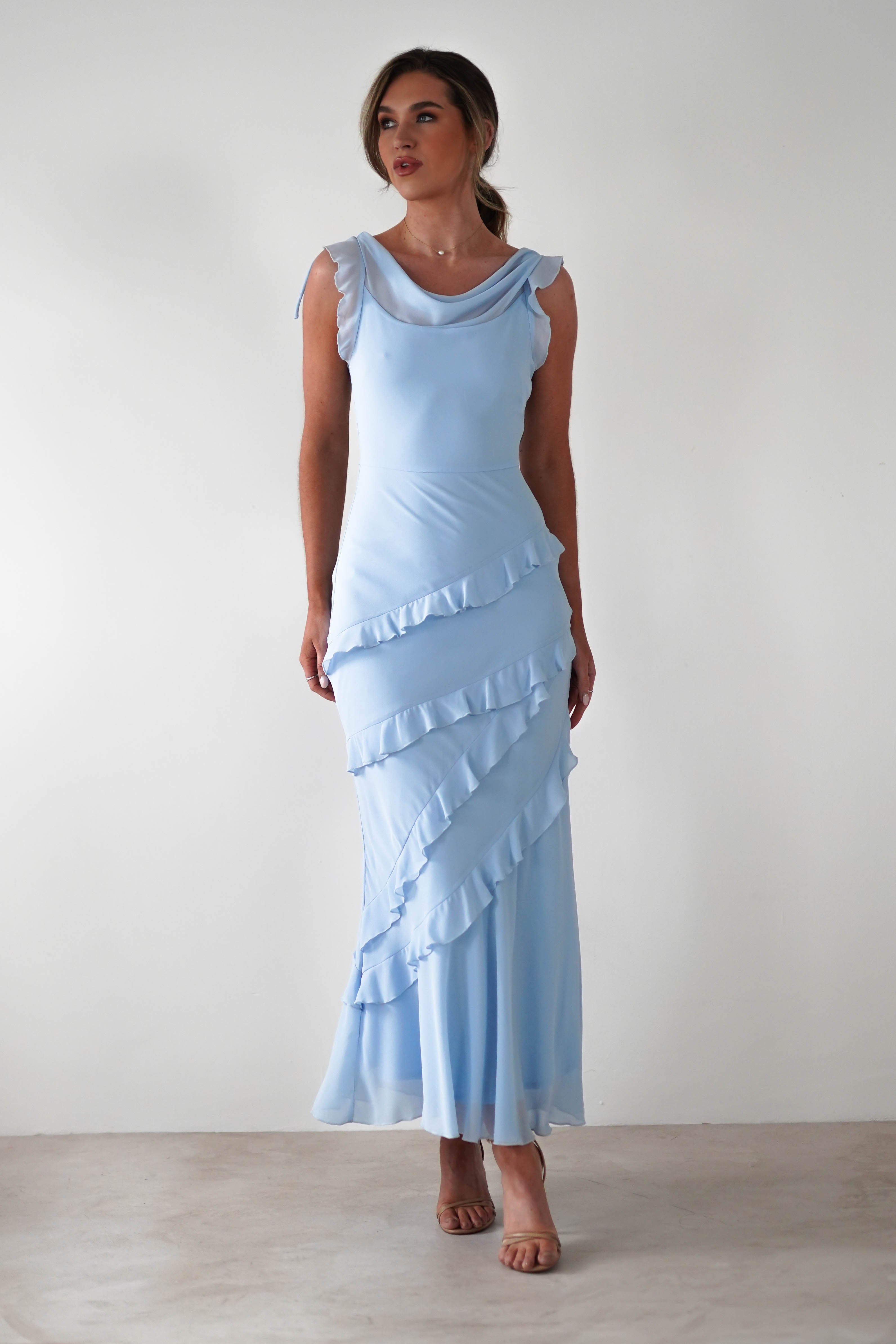 Lauretta Ruffle Chiffon Maxi Dress Blue | Wedding Guest Dress | Maxi | Chiffon | Oh Hello Clothing