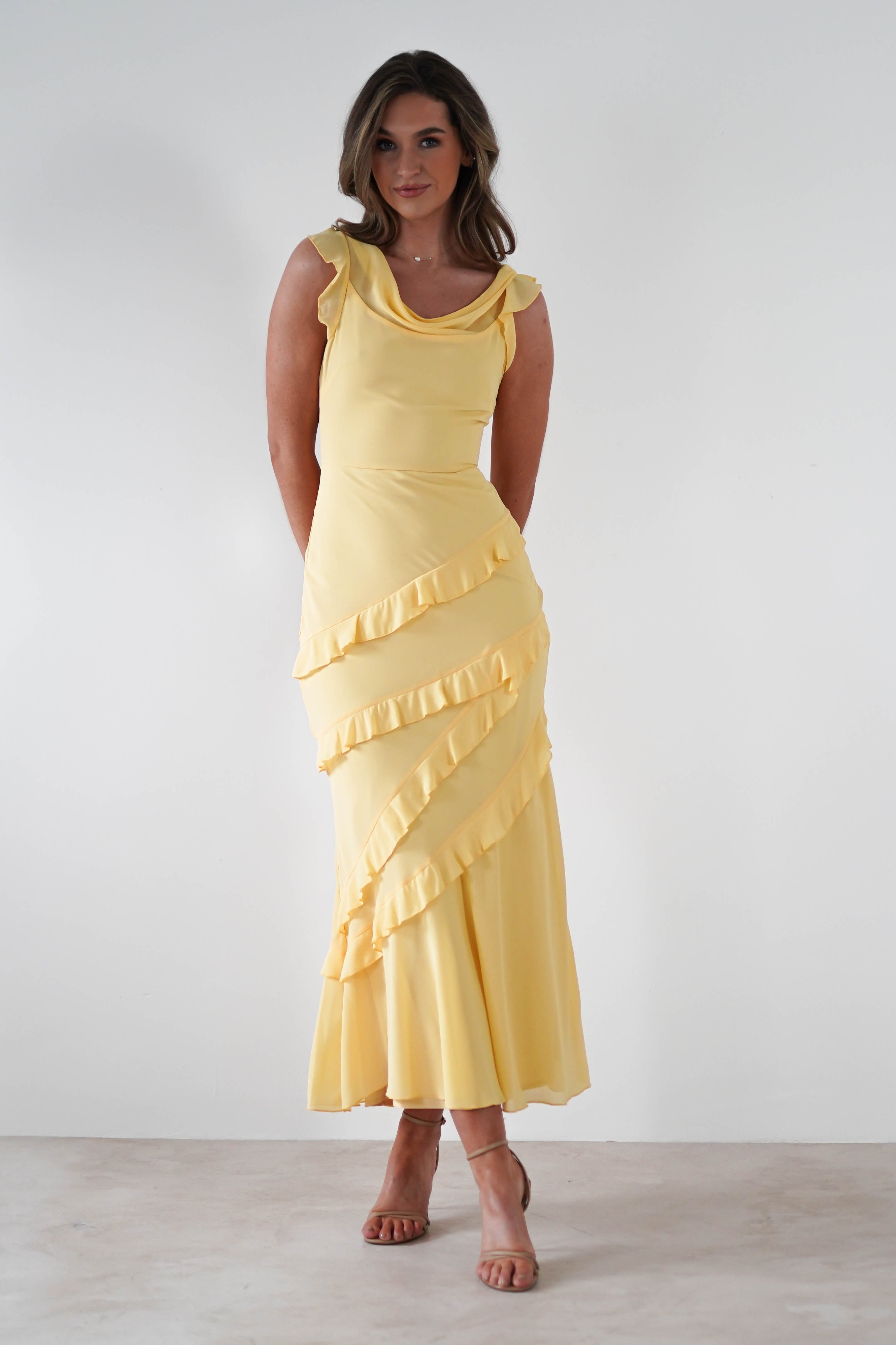Lauretta Ruffle Chiffon Maxi Dress Yellow | Wedding Guest Dress | Maxi | Chiffon | Oh Hello Clothing