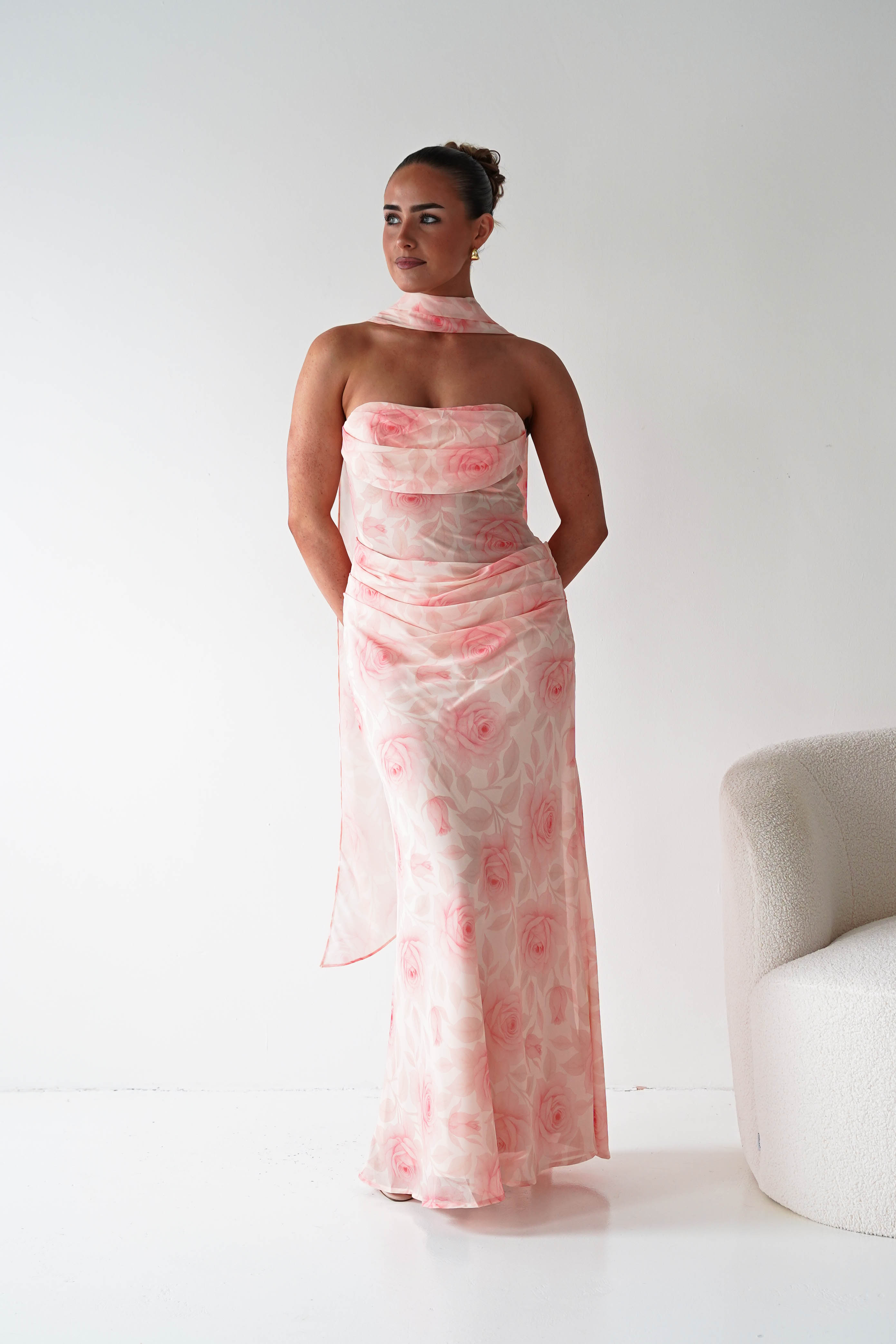 Oh Hello Clothing Women > Clothing > Dresses 1*DONE-BR0534J01-Floral Draped Strapless Maxi Dress with Scarf