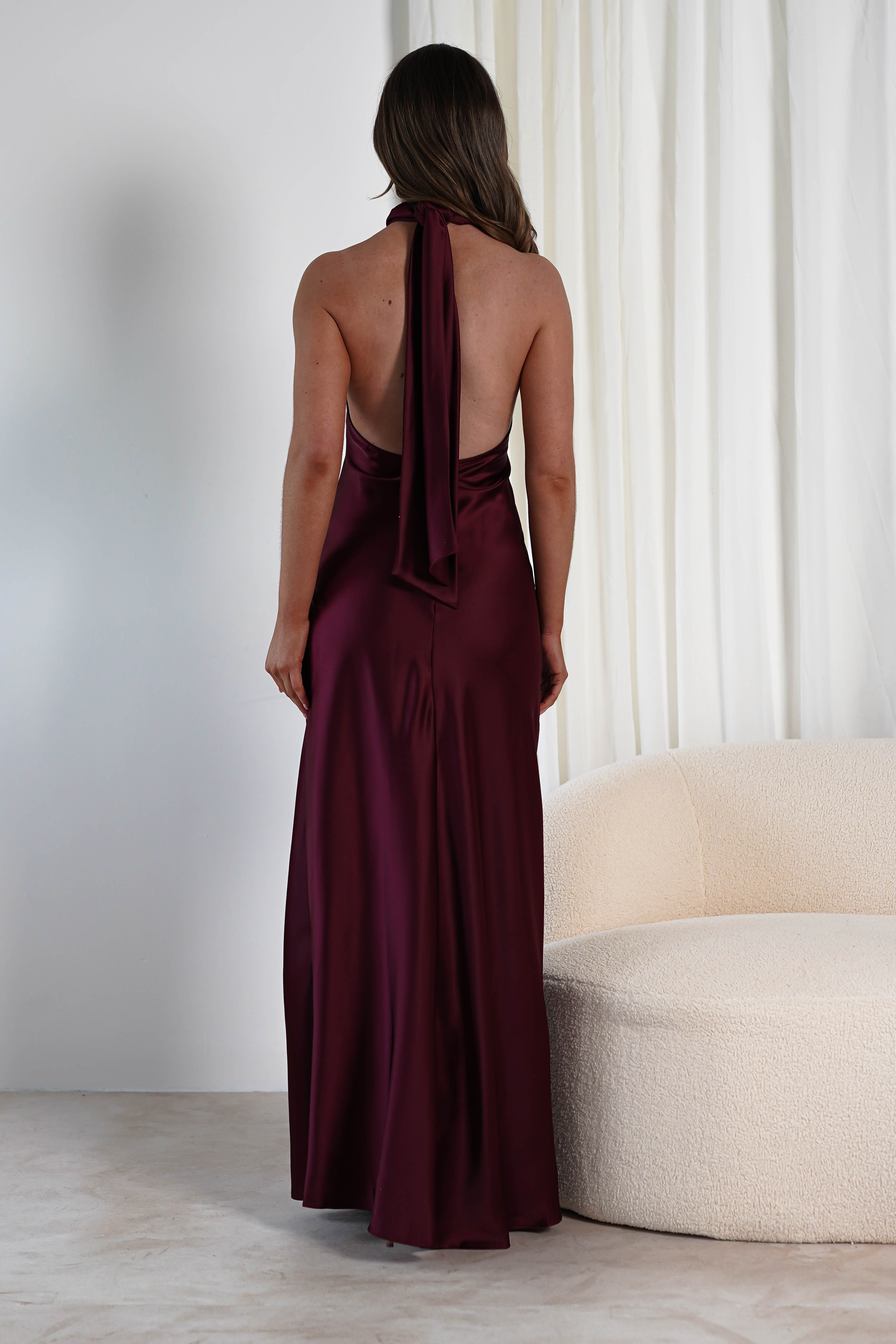 Dolce Soft Satin Halterneck Maxi Dress Wine | Wedding Guest Dress | Halter Neck | Maxi | Oh Hello Clothing