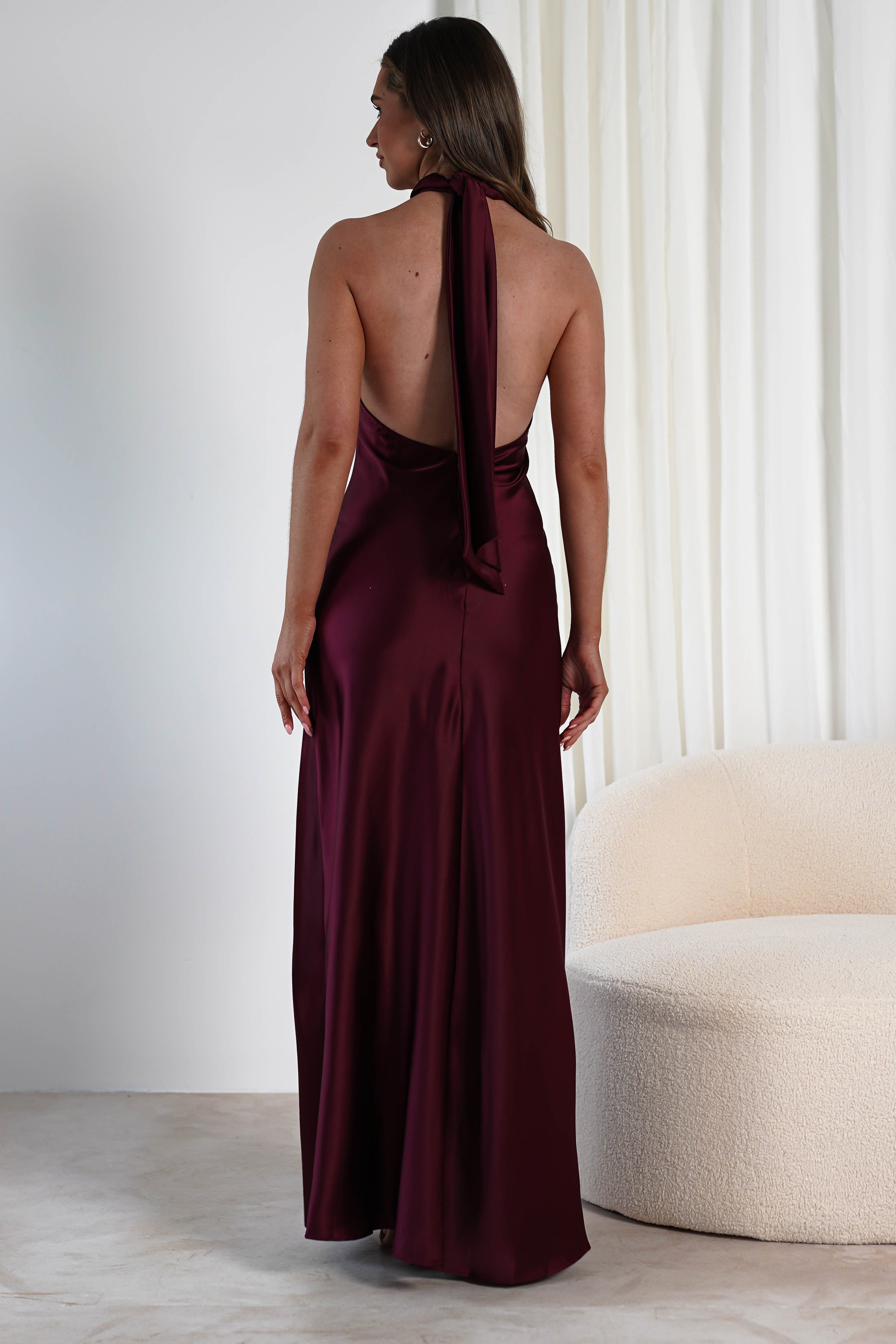 Dolce Soft Satin Halterneck Maxi Dress Wine | Wedding Guest Dress | Halter Neck | Maxi | Oh Hello Clothing