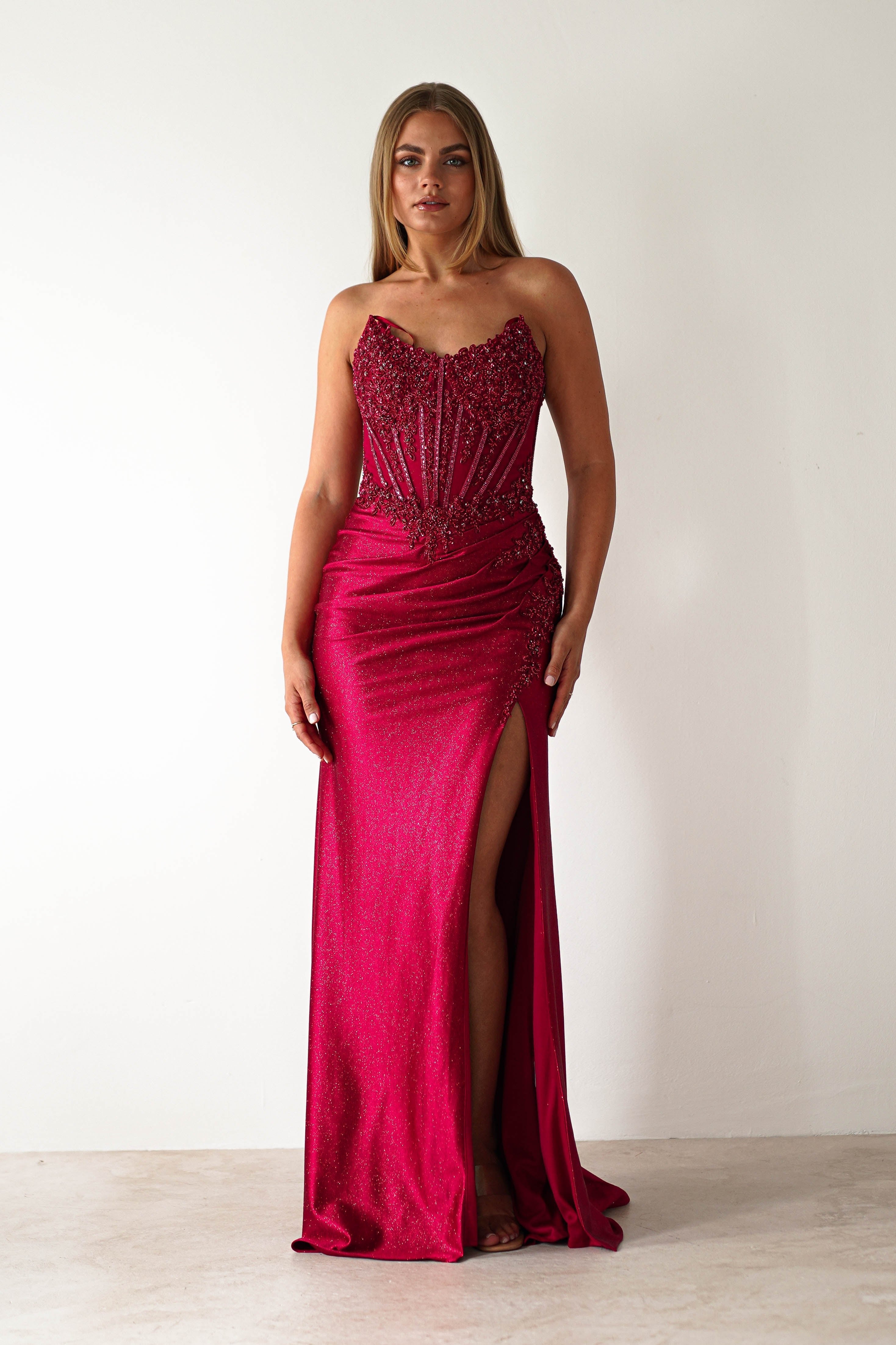 Caspian Embellished Bodycon Gown | Deep Red | Debs & Prom | Formal Gown | Oh Hello Clothing