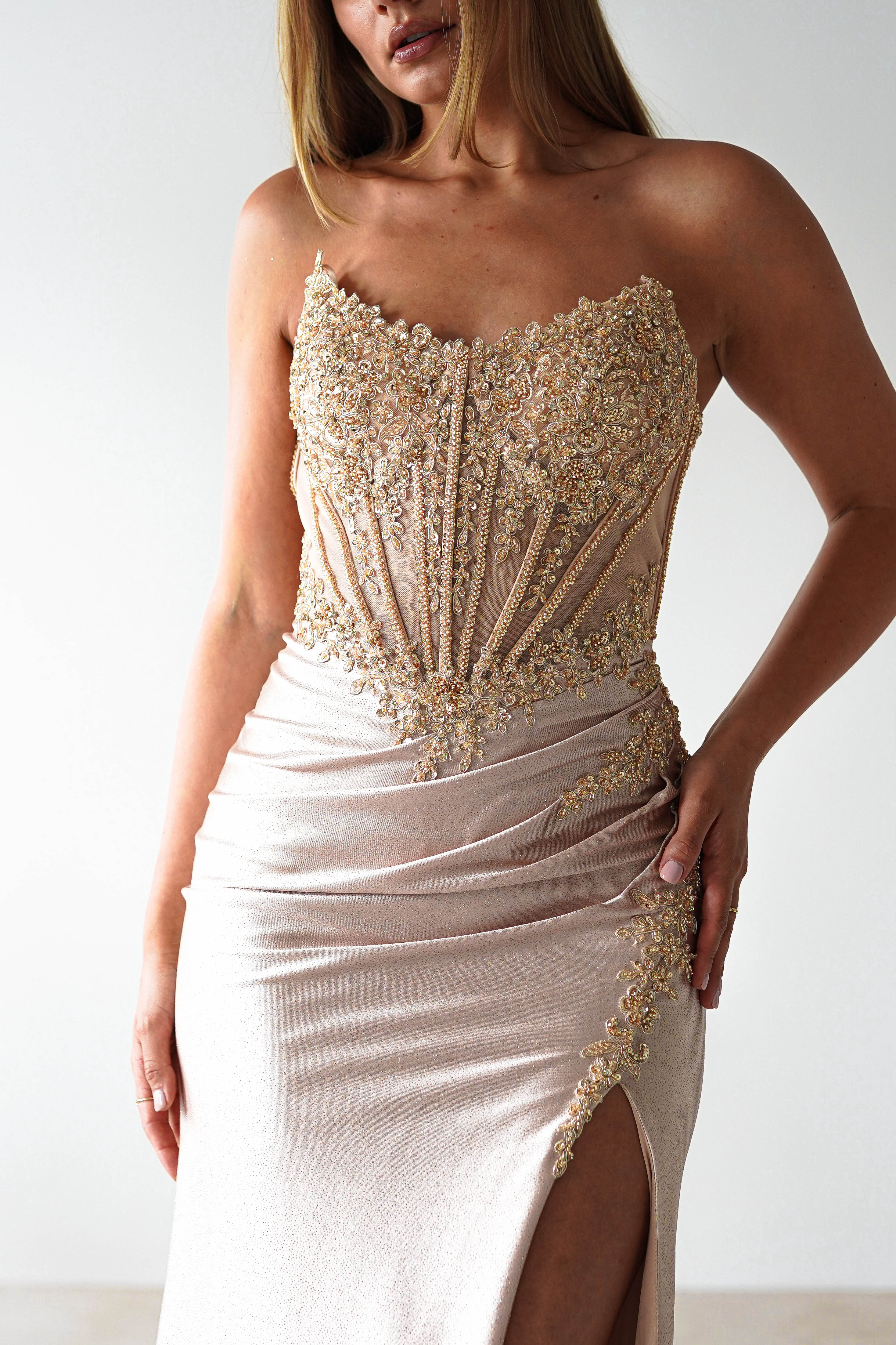 Caspian Embellished Bodycon Gown | Gold | Debs & Prom | Formal Gown | Oh Hello Clothing