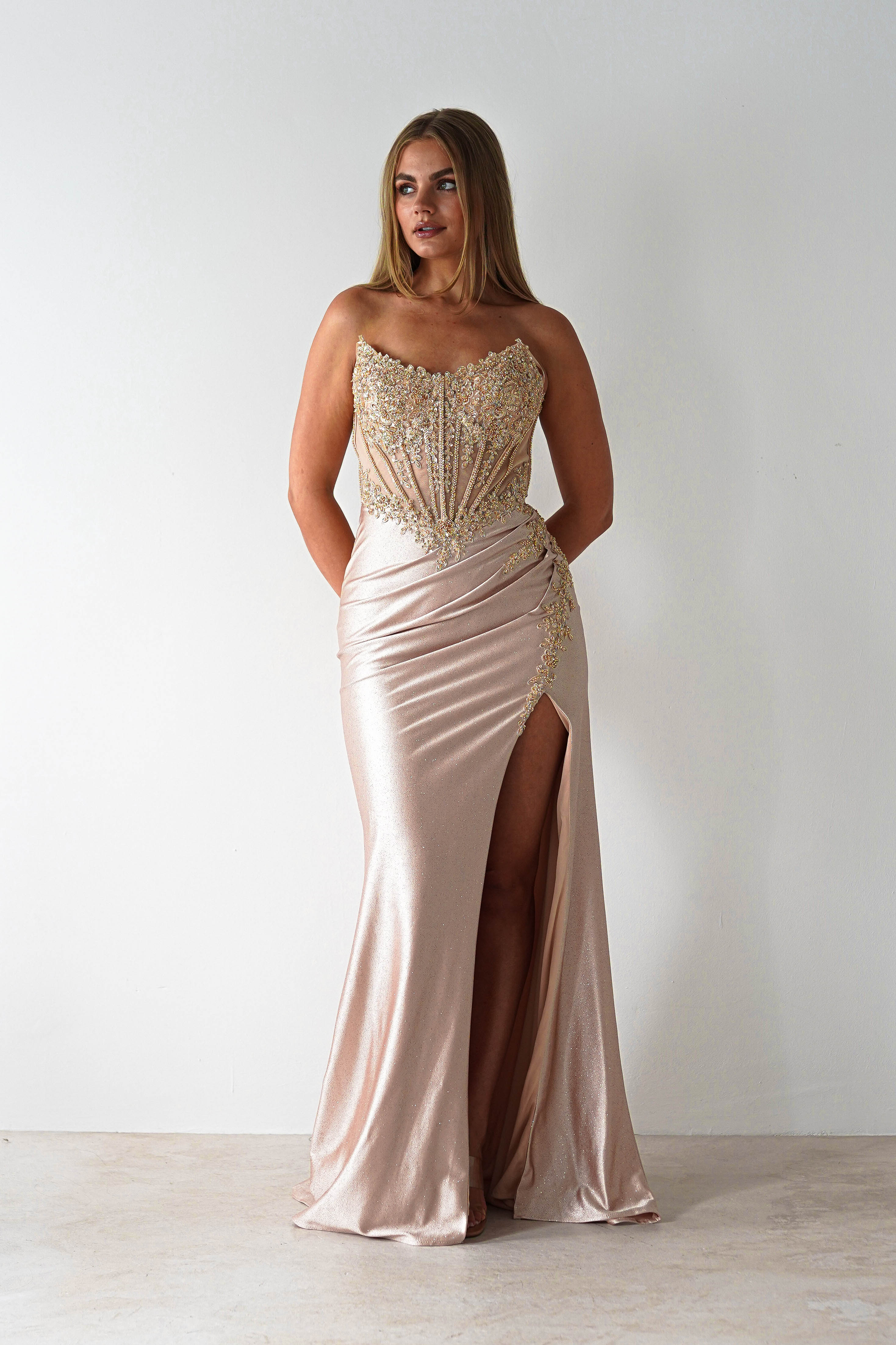 Caspian Embellished Bodycon Gown | Gold | Debs & Prom | Formal Gown | Oh Hello Clothing