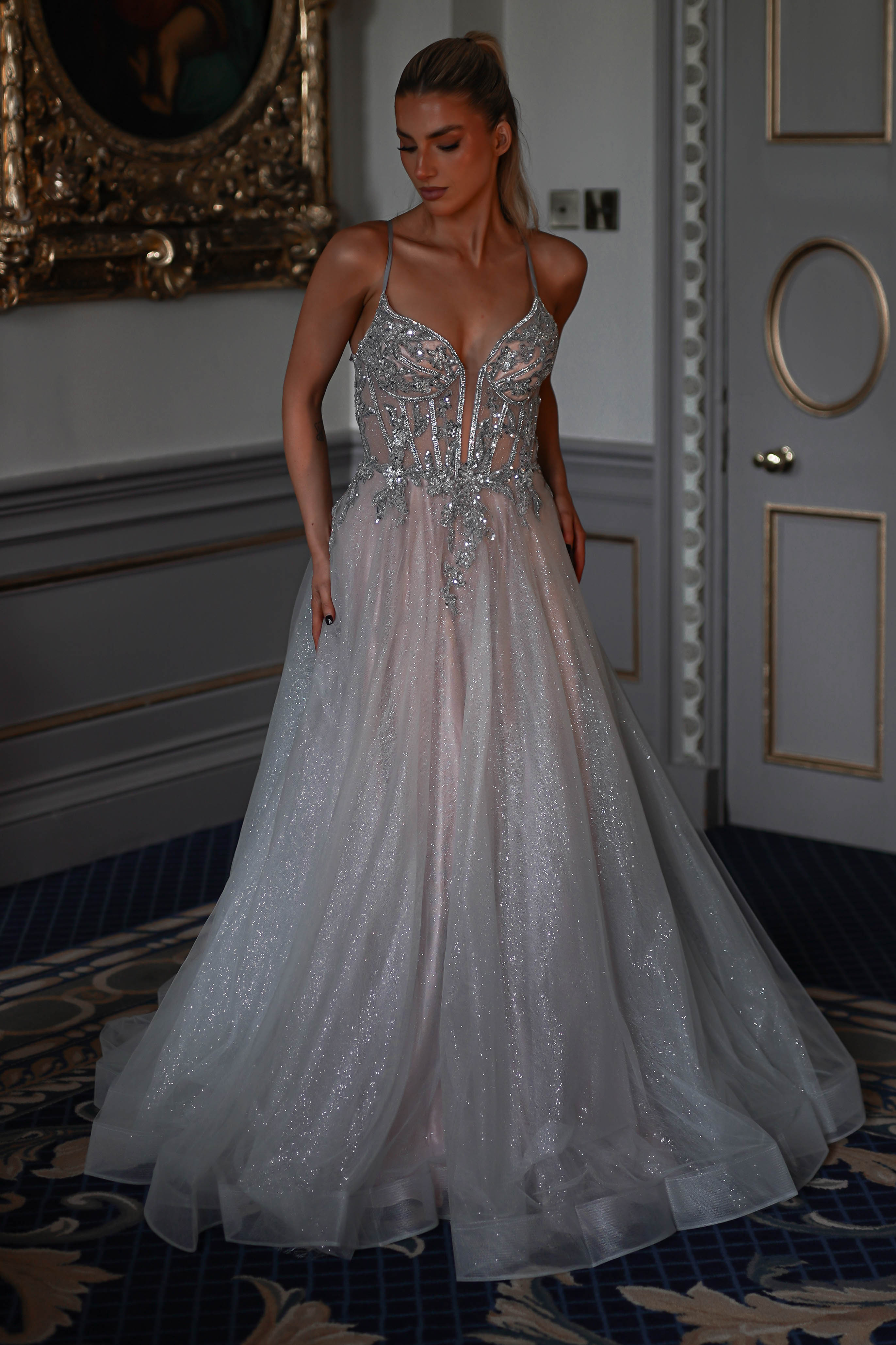Shyla Glitter Princess Gown | Silver/Nude | Debs & Prom | Formal Gown | Oh Hello Clothing
