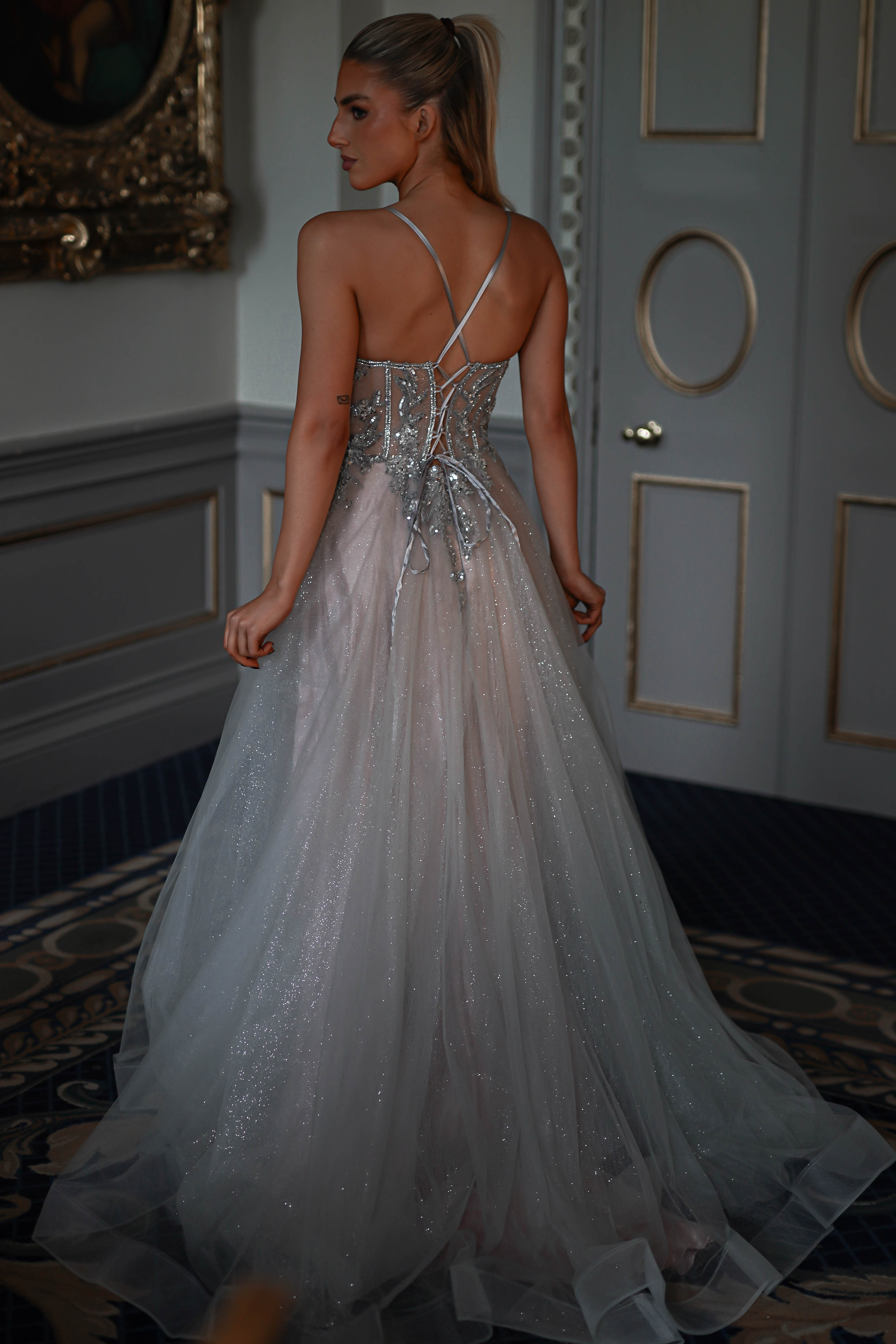 Shyla Glitter Princess Gown | Silver/Nude | Debs & Prom | Formal Gown | Oh Hello Clothing