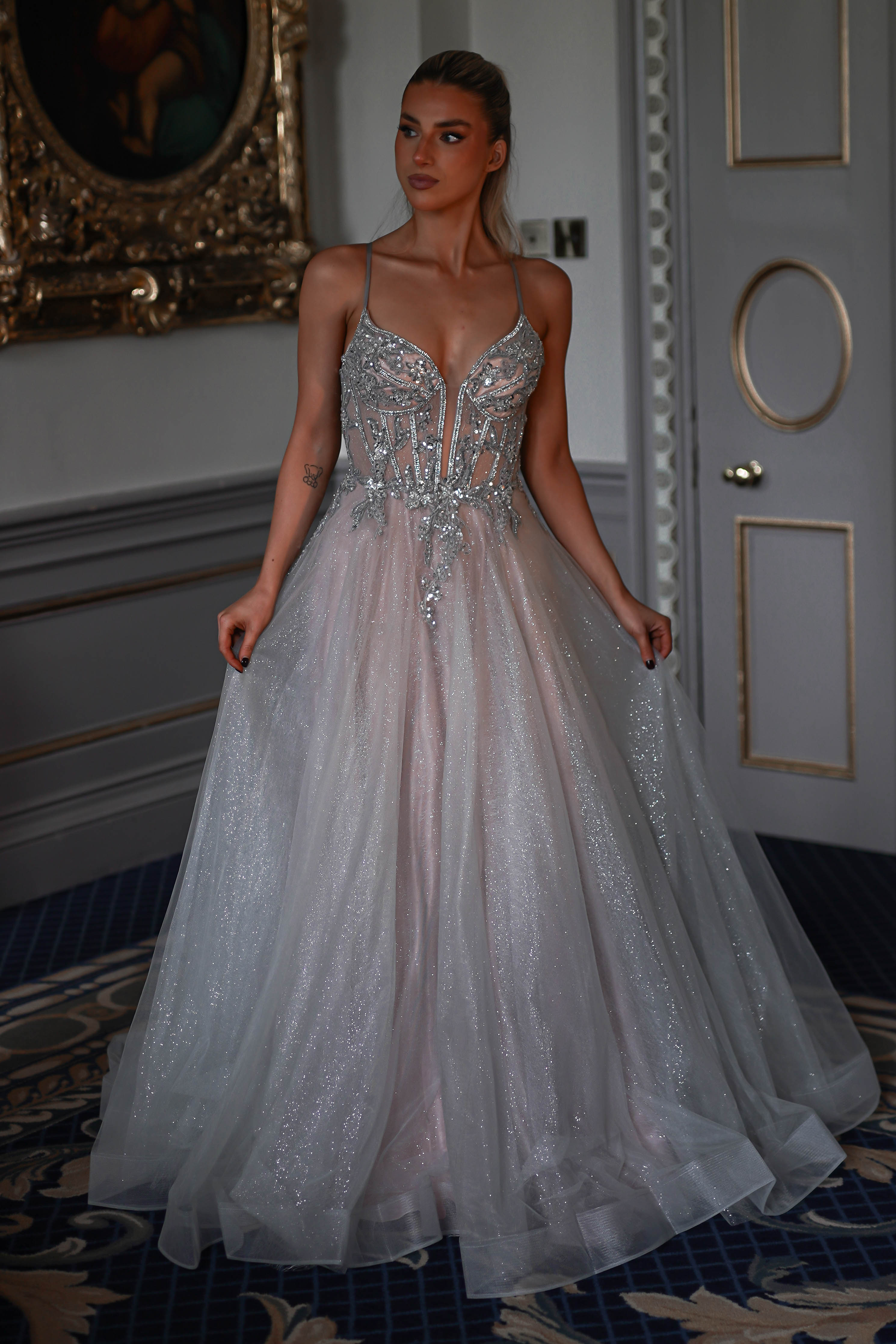 Shyla Glitter Princess Gown | Silver/Nude | Debs & Prom | Formal Gown | Oh Hello Clothing