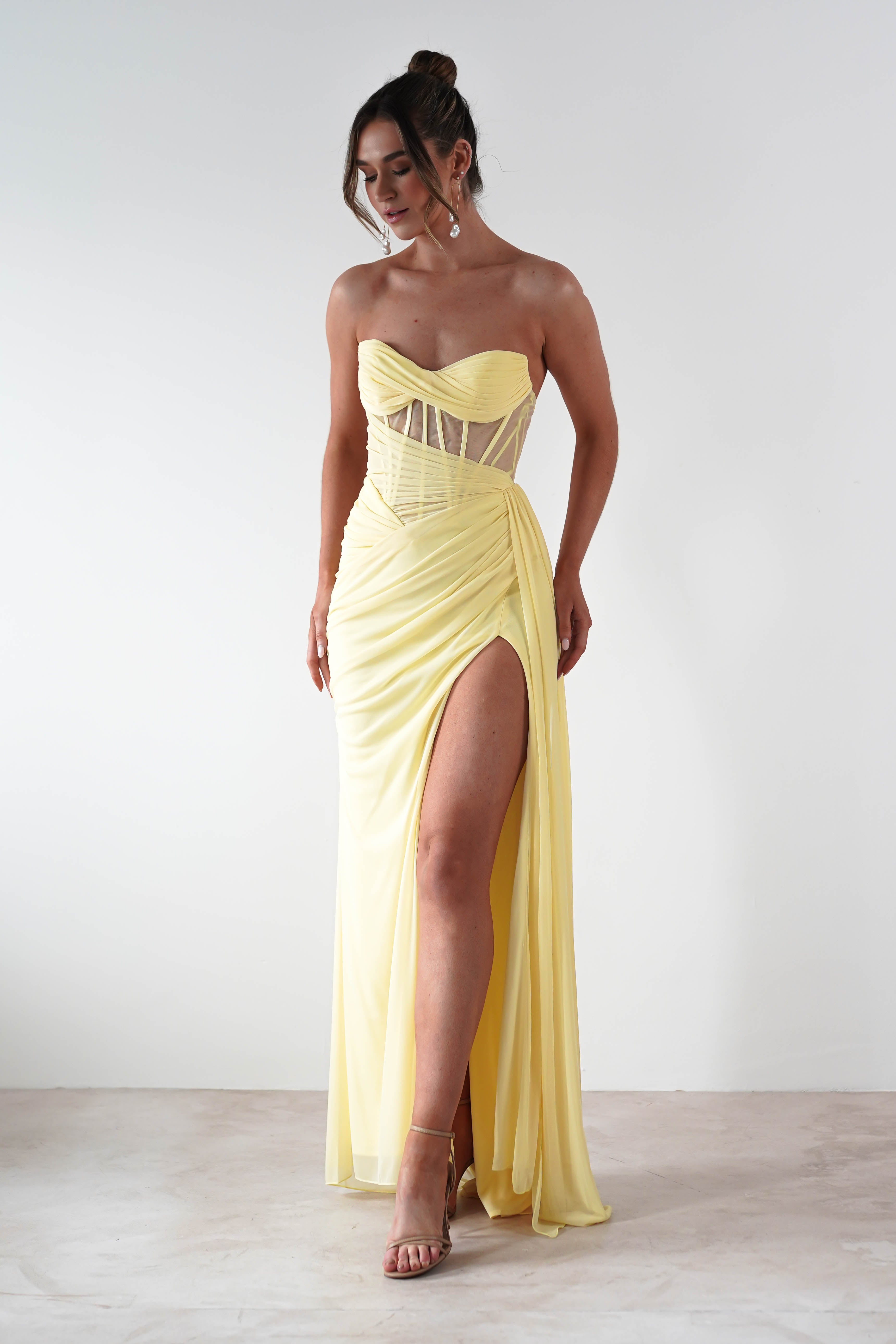 Robyn Draped Fitted Stapless Gown | Yellow | Debs & Prom | Formal Gown | Oh Hello Clothing