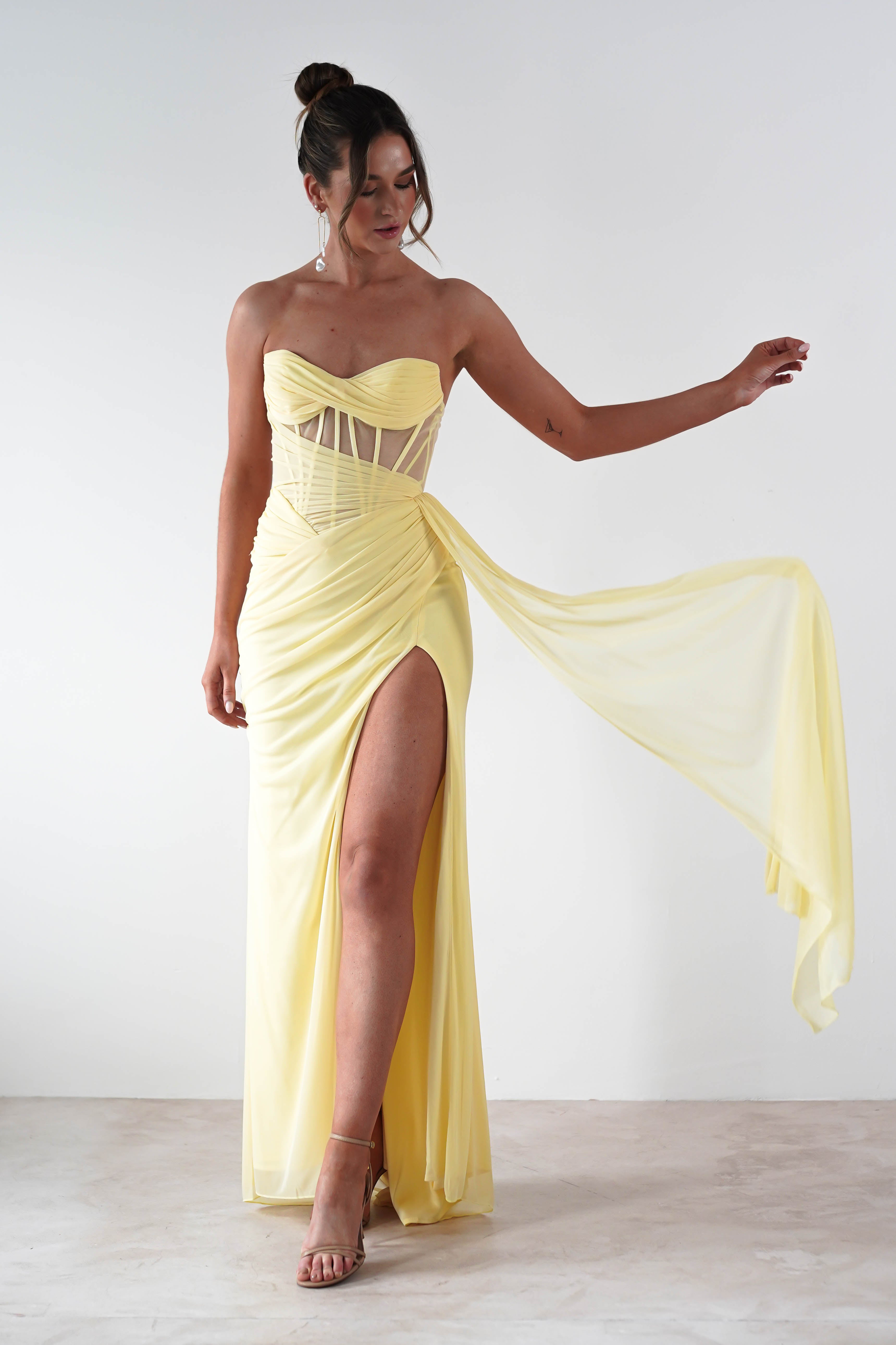 Robyn Draped Fitted Stapless Gown | Yellow | Debs & Prom | Formal Gown | Oh Hello Clothing