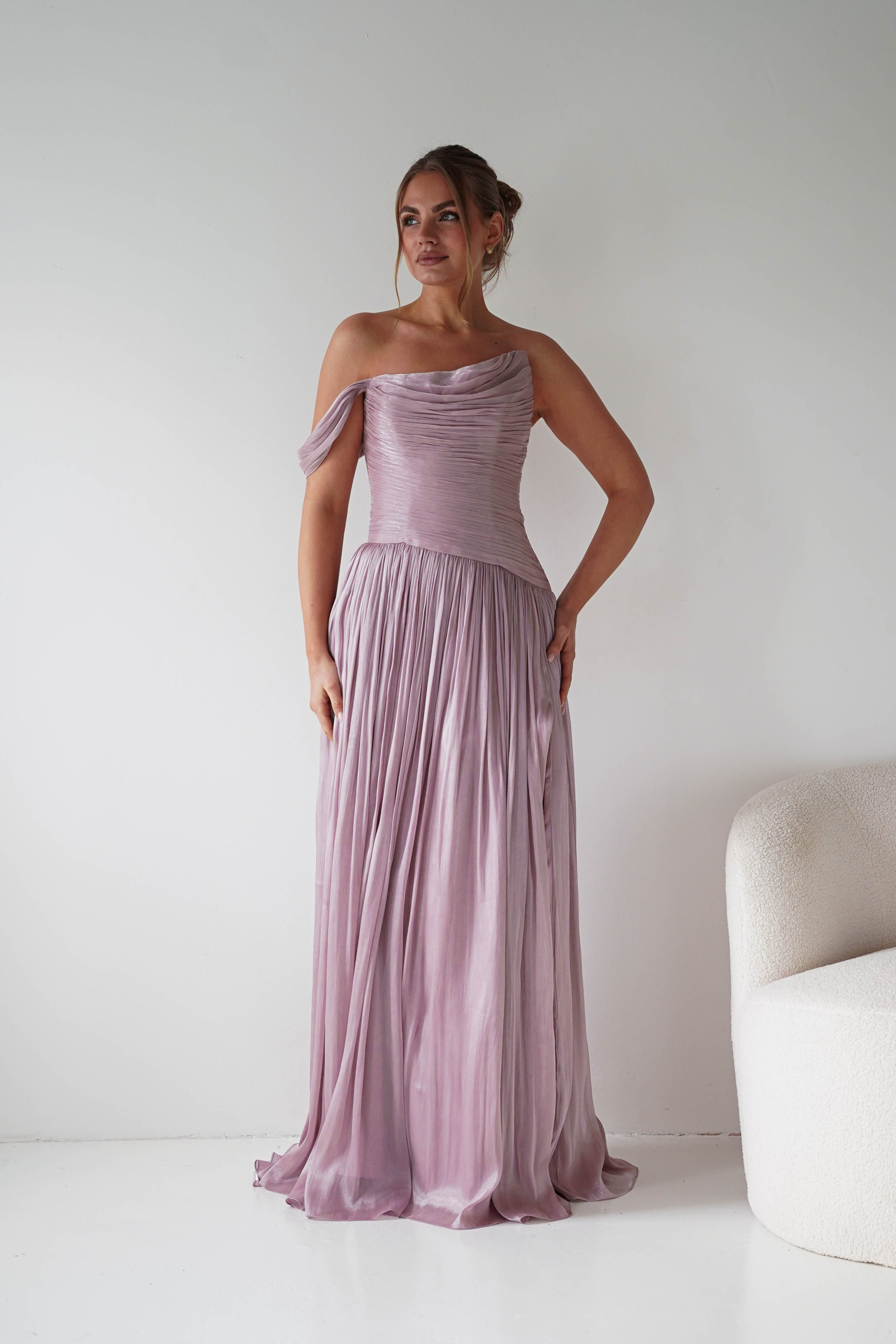 Oh Hello Clothing Women > Clothing > Dresses 1* DONE -CD409- Mauve One-Shoulder Pleated Maxi Dress with Slit