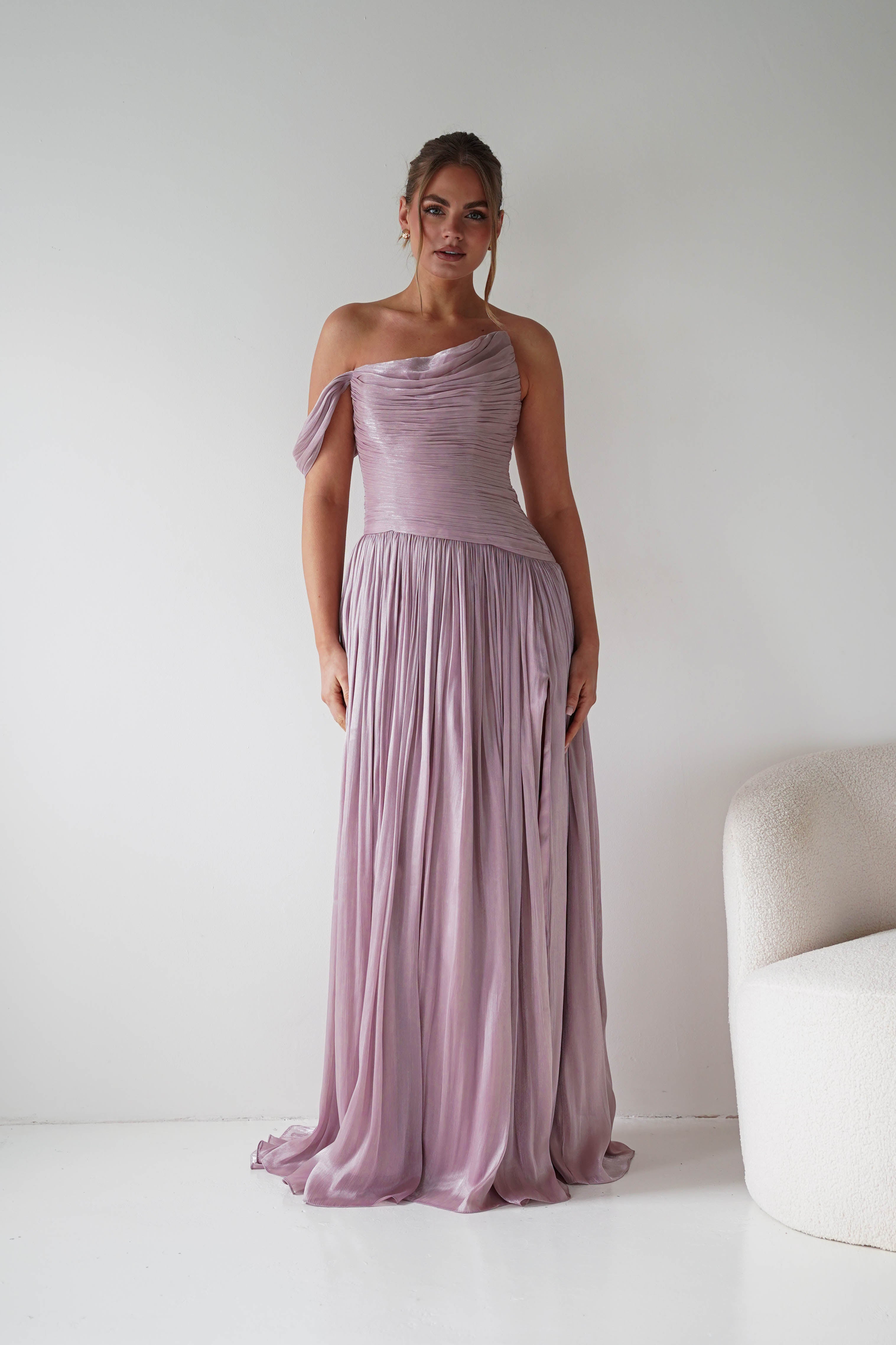 Oh Hello Clothing Women > Clothing > Dresses 1* DONE -CD409- Mauve One-Shoulder Pleated Maxi Dress with Slit