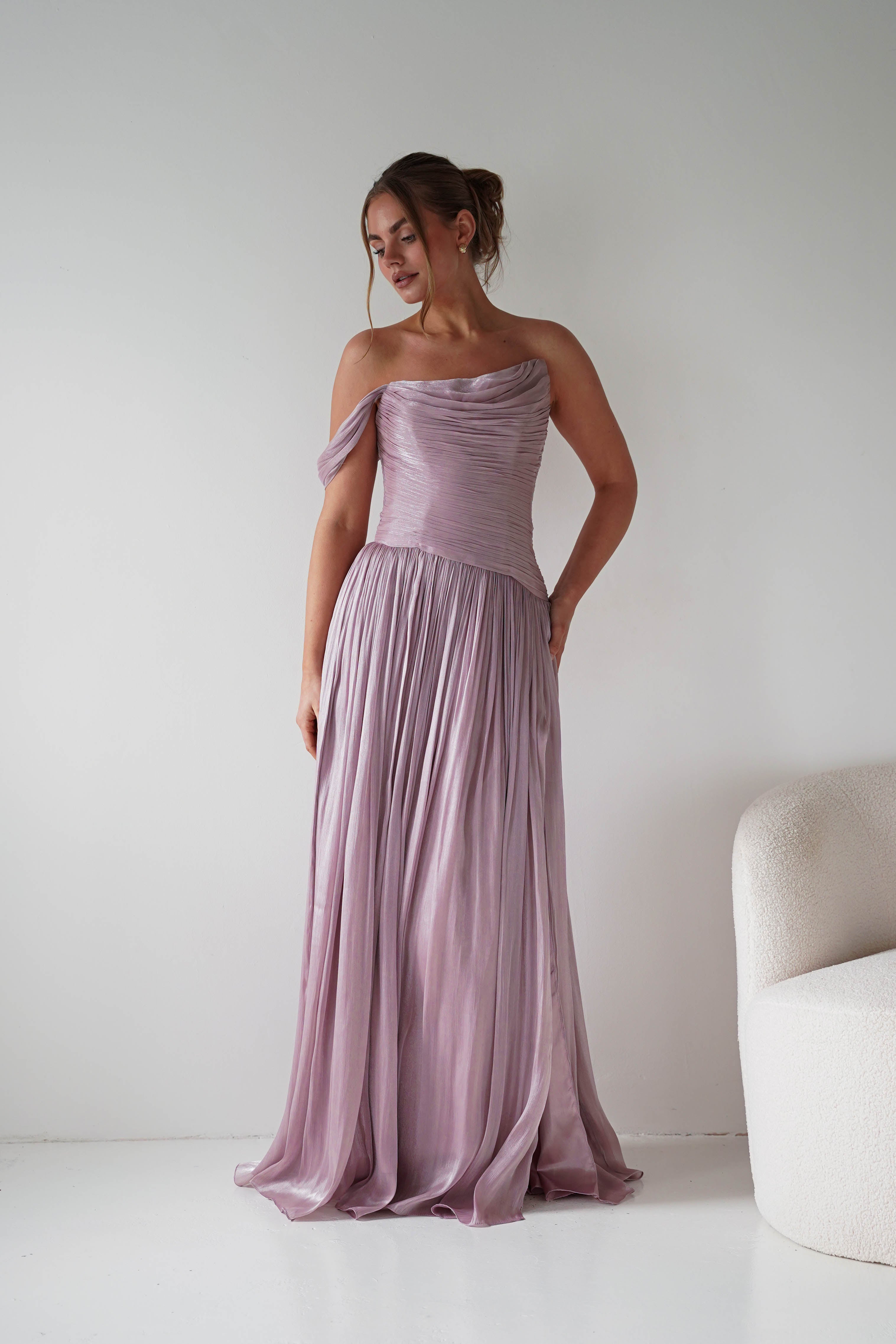 Oh Hello Clothing Women > Clothing > Dresses 1* DONE -CD409- Mauve One-Shoulder Pleated Maxi Dress with Slit