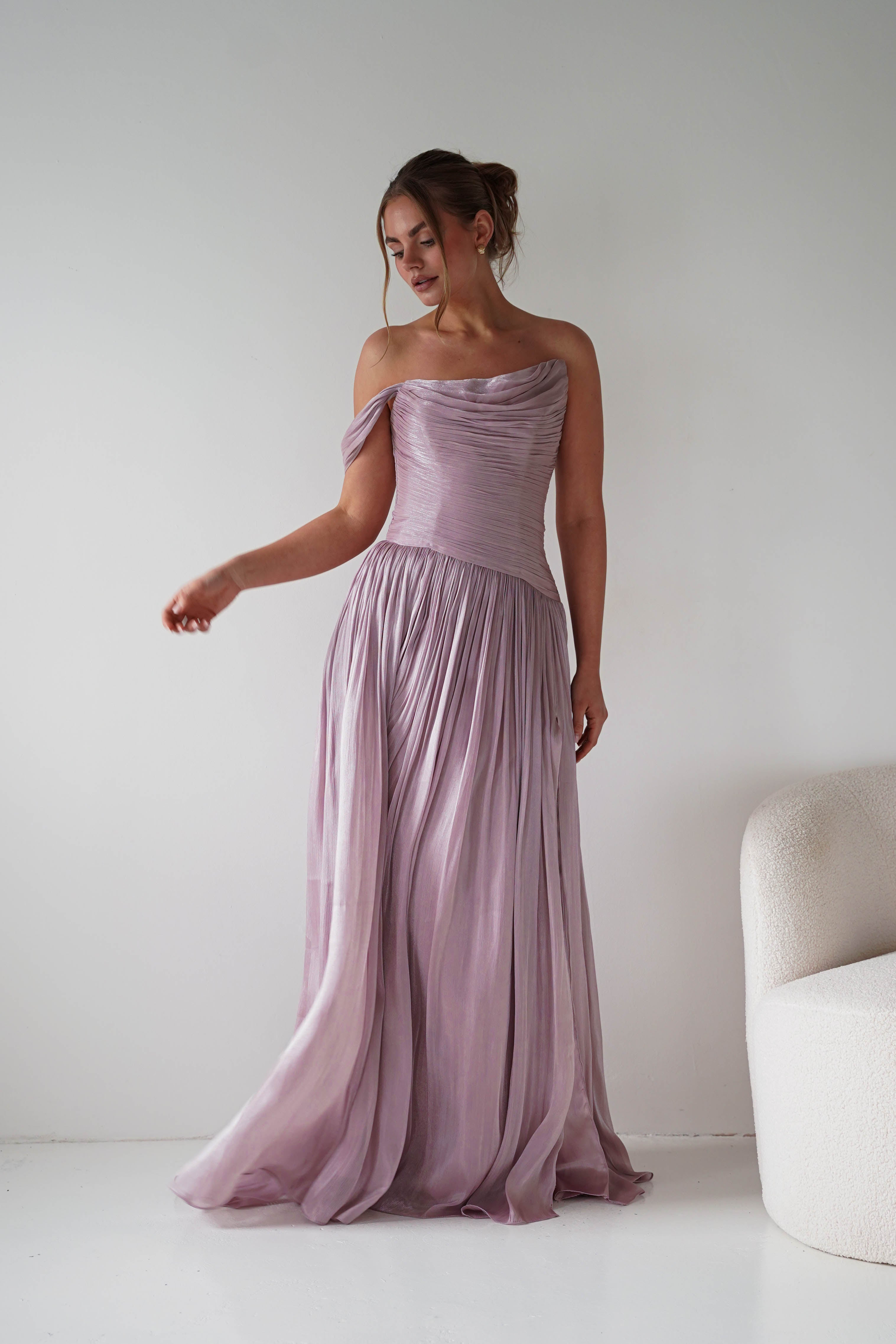 Oh Hello Clothing Women > Clothing > Dresses 1* DONE -CD409- Mauve One-Shoulder Pleated Maxi Dress with Slit