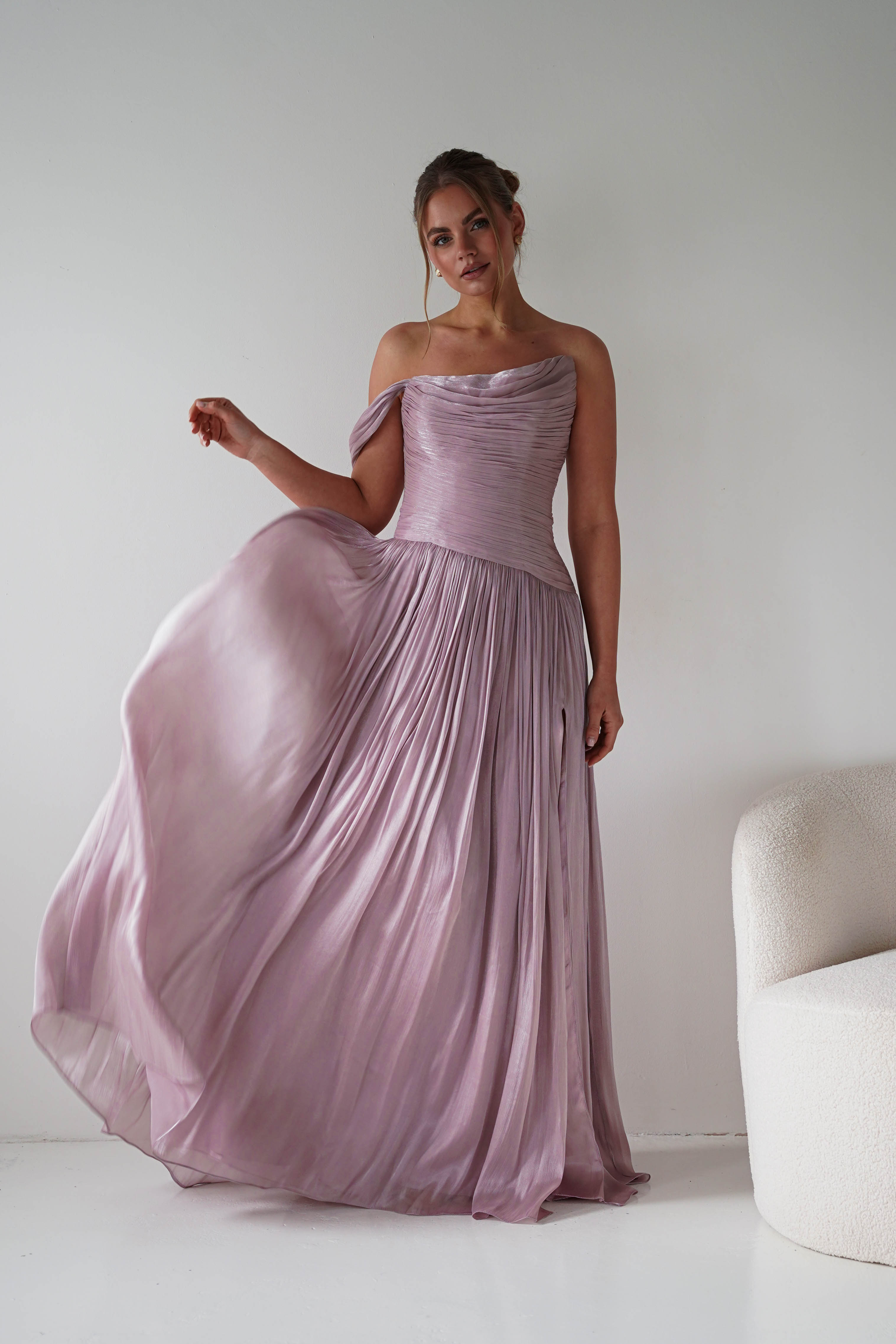 Oh Hello Clothing Women > Clothing > Dresses 1* DONE -CD409- Mauve One-Shoulder Pleated Maxi Dress with Slit