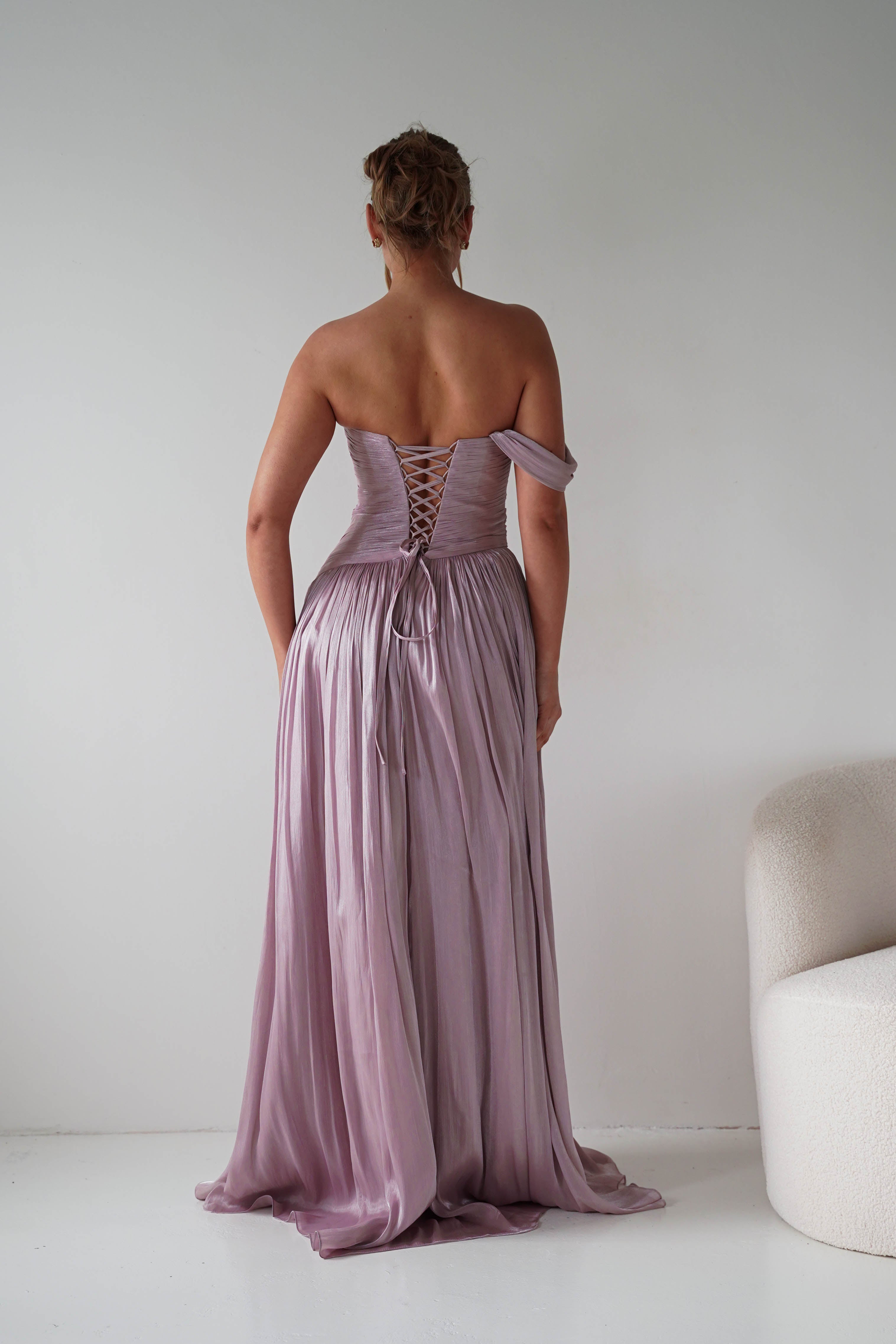 Oh Hello Clothing Women > Clothing > Dresses 1* DONE -CD409- Mauve One-Shoulder Pleated Maxi Dress with Slit