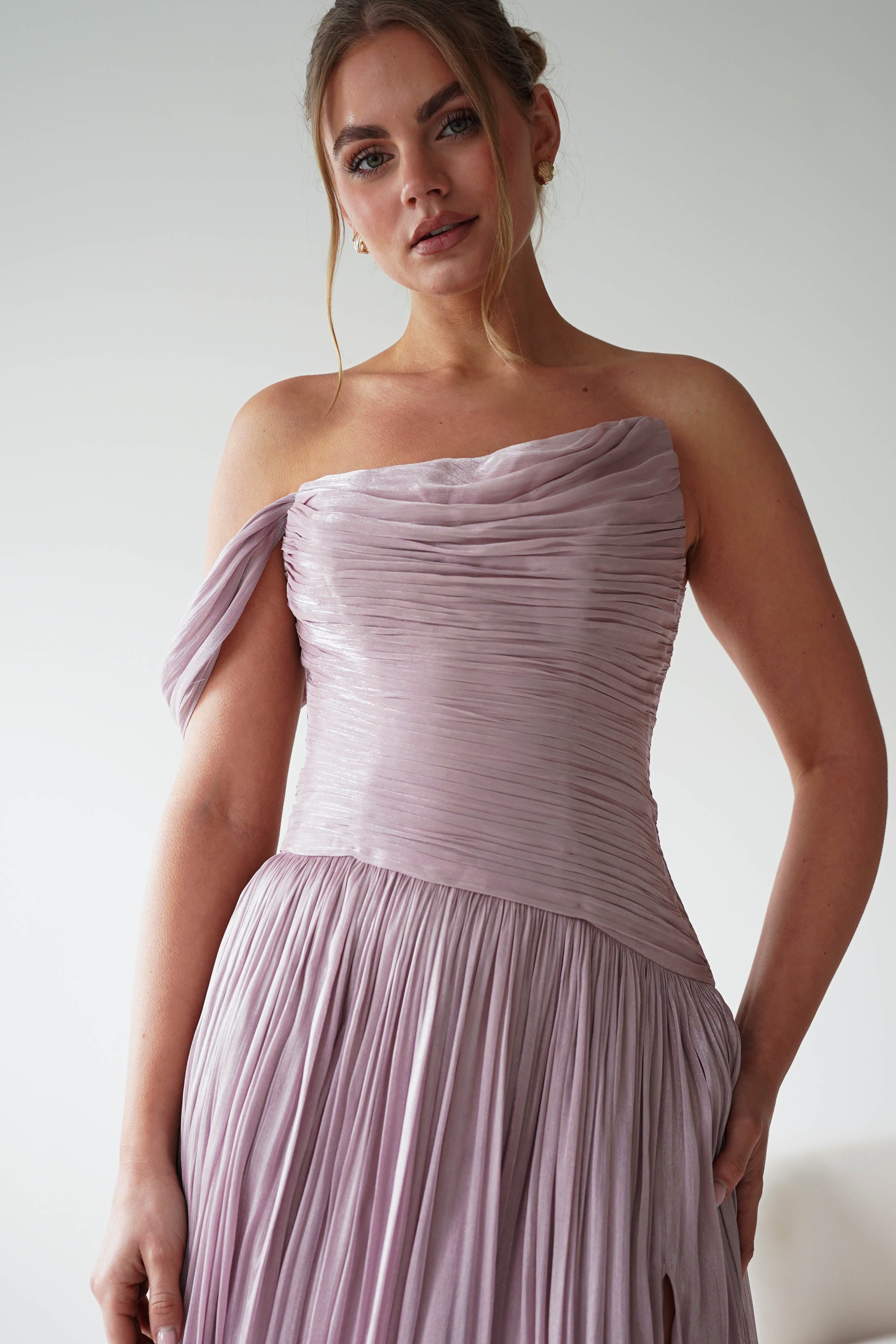 Oh Hello Clothing Women > Clothing > Dresses 1* DONE -CD409- Mauve One-Shoulder Pleated Maxi Dress with Slit
