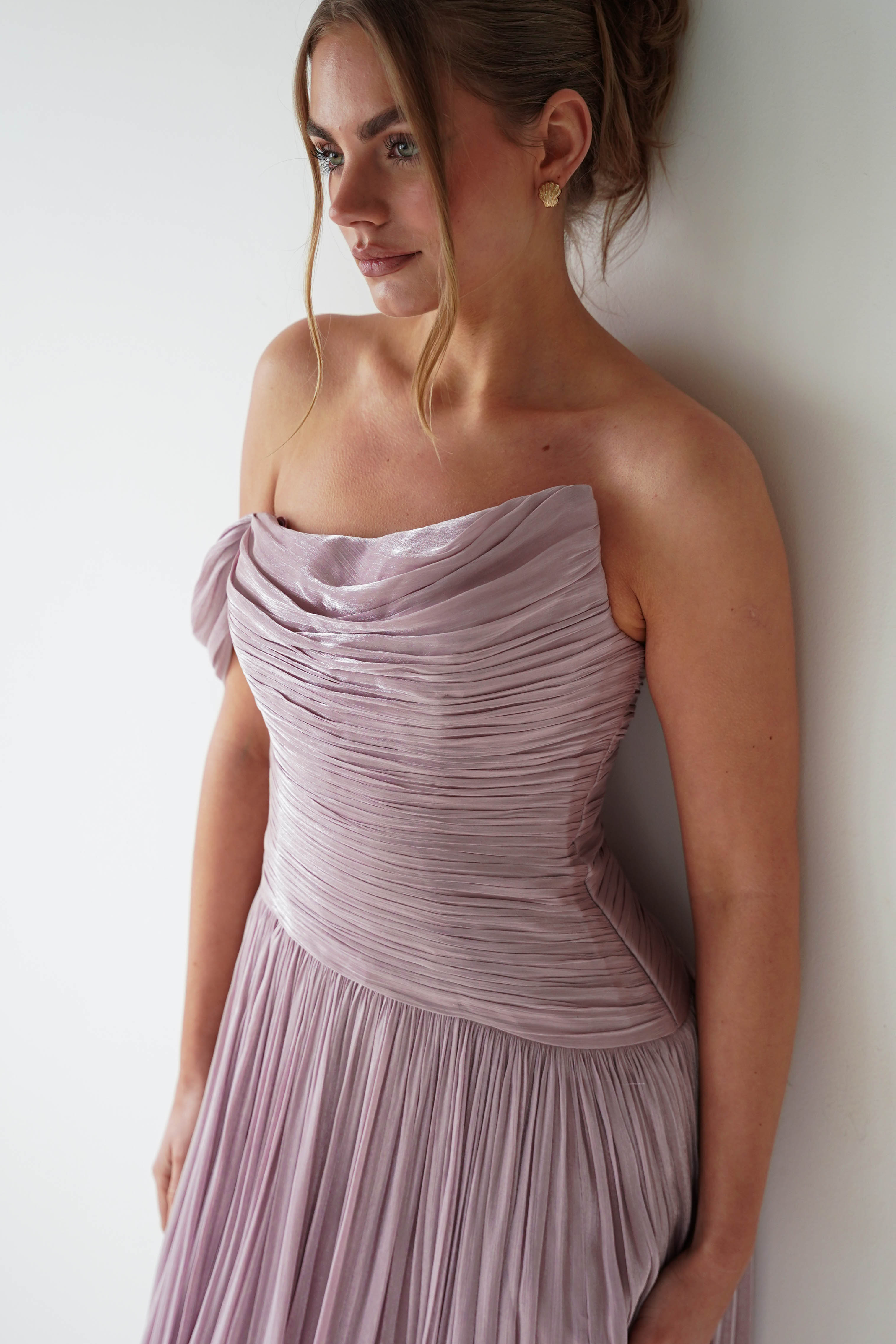 Oh Hello Clothing Women > Clothing > Dresses 1* DONE -CD409- Mauve One-Shoulder Pleated Maxi Dress with Slit