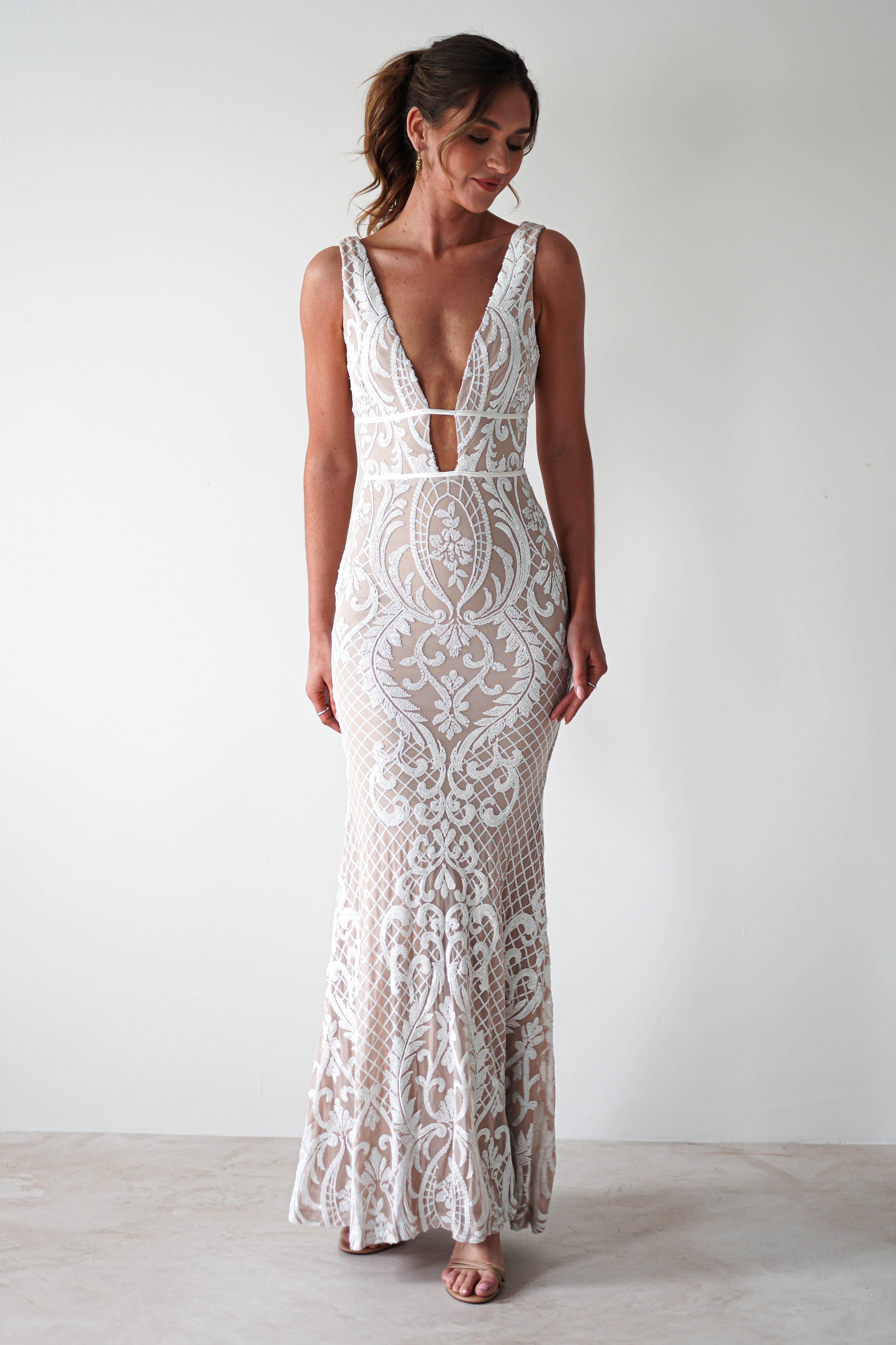 Lorenza Plunge Sequin Gown | Nude/White | Graduation | Bride To Be Hen Dress | Oh Hello Clothing