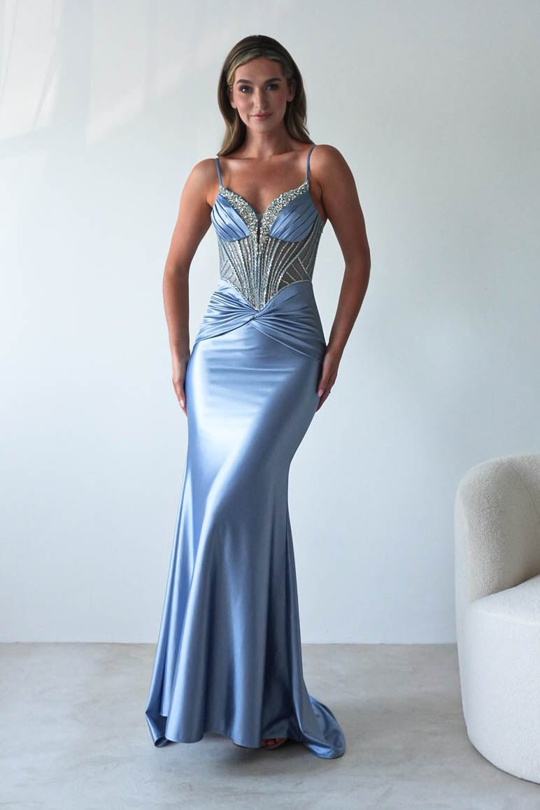 Vera Embellished Bodycon Gown | Dusty Blue | Debs & Prom | Formal Gown | Oh Hello Clothing