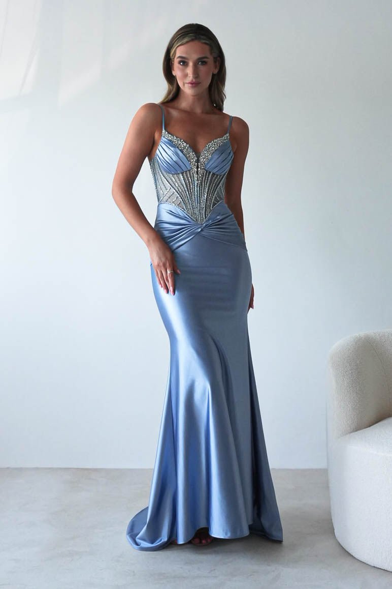 Vera Embellished Bodycon Gown | Dusty Blue | Debs & Prom | Formal Gown | Oh Hello Clothing