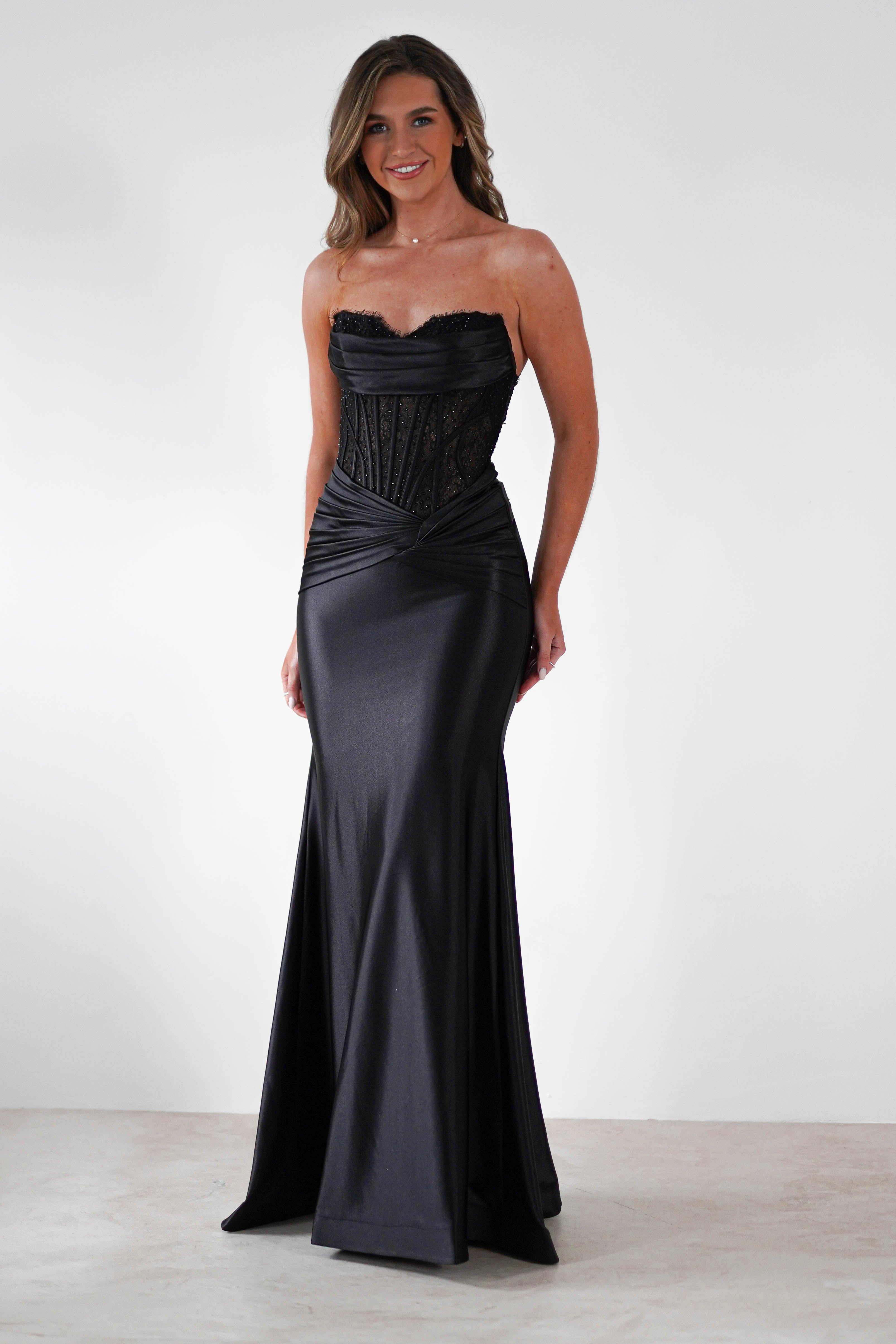 Misha Strapless Lace Detail Gown | Black | Debs & Prom | Formal Gown | Oh Hello Clothing