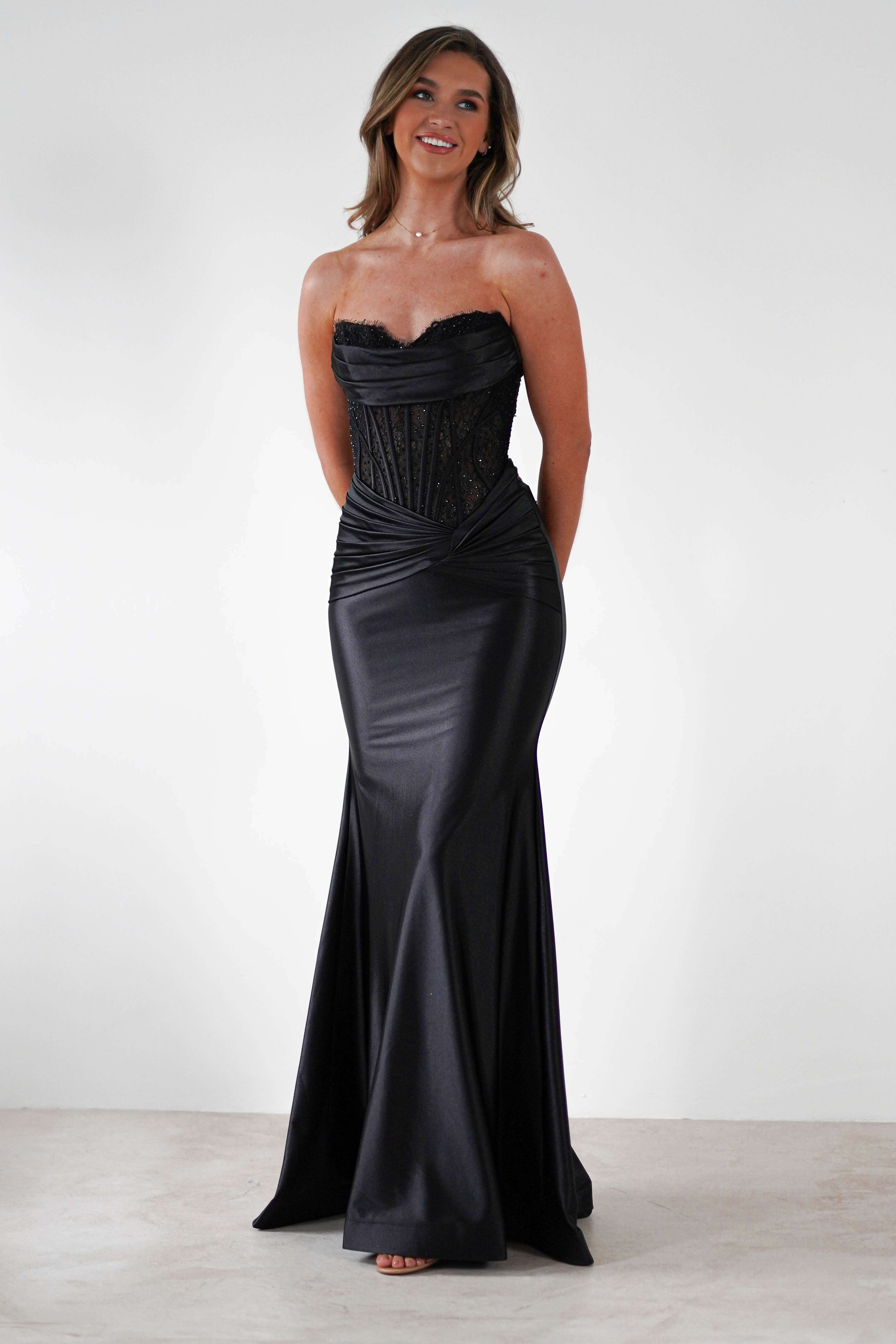 Misha Strapless Lace Detail Gown | Black | Debs & Prom | Formal Gown | Oh Hello Clothing