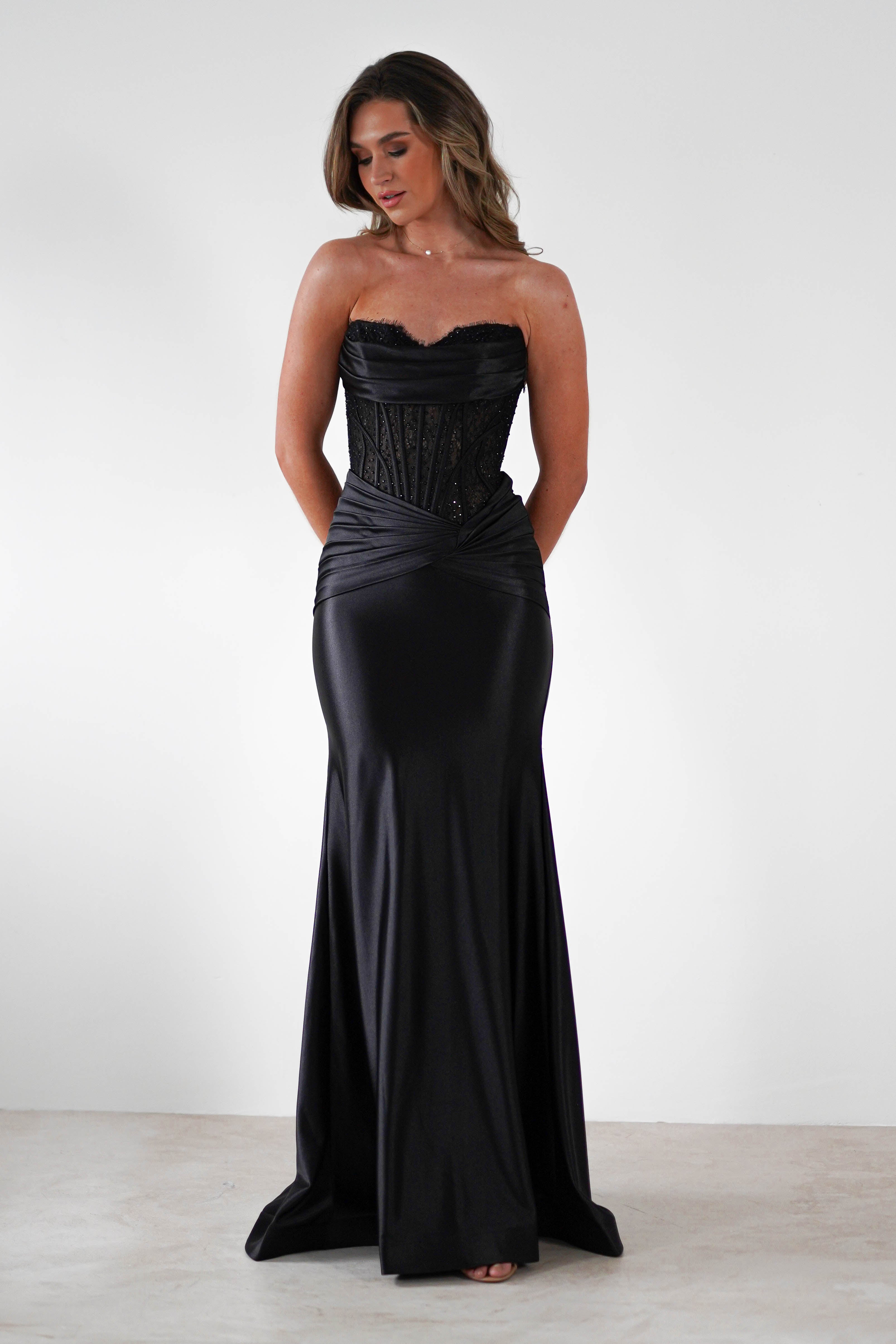 Misha Strapless Lace Detail Gown | Black | Debs & Prom | Formal Gown | Oh Hello Clothing