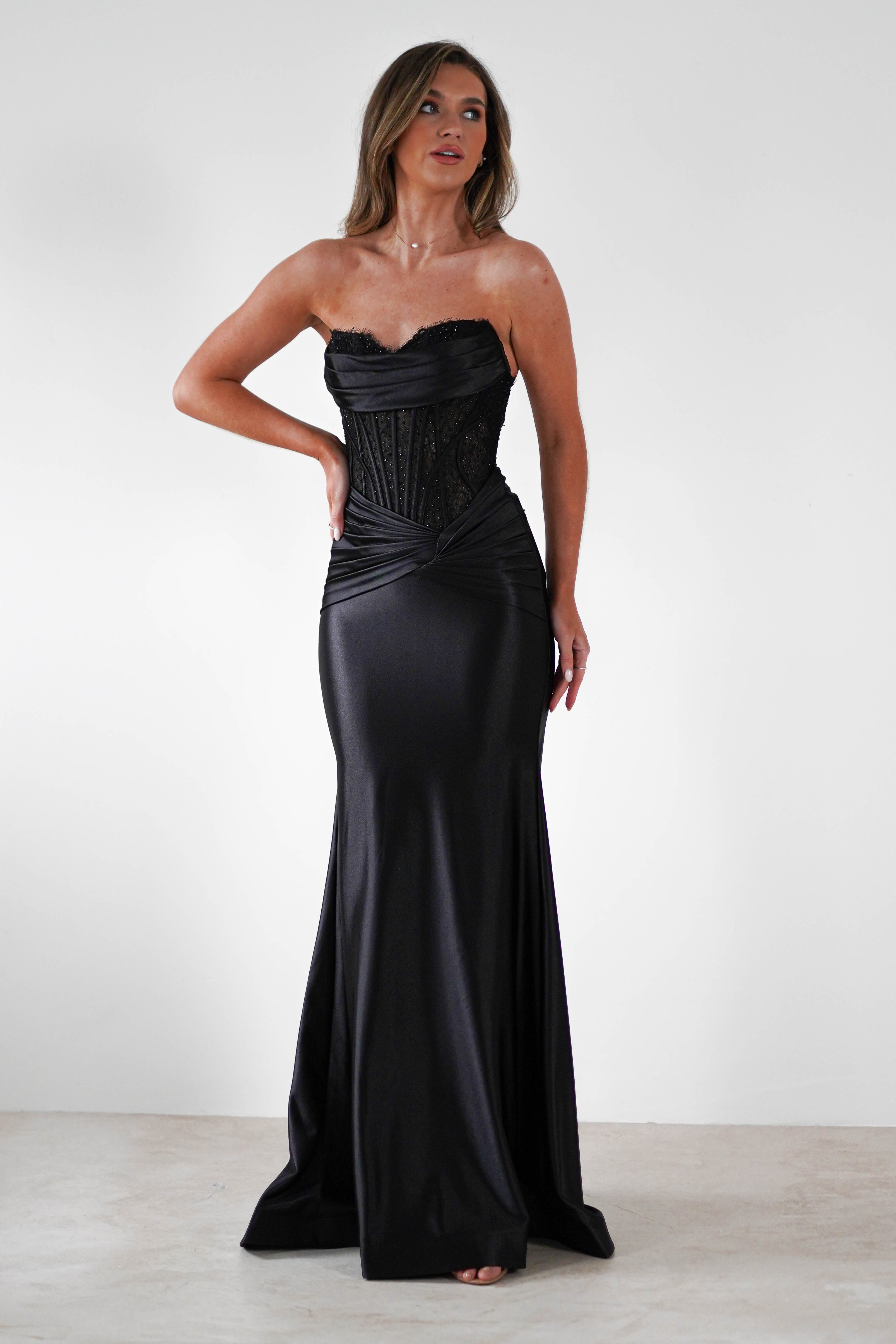 Misha Strapless Lace Detail Gown | Black | Debs & Prom | Formal Gown | Oh Hello Clothing