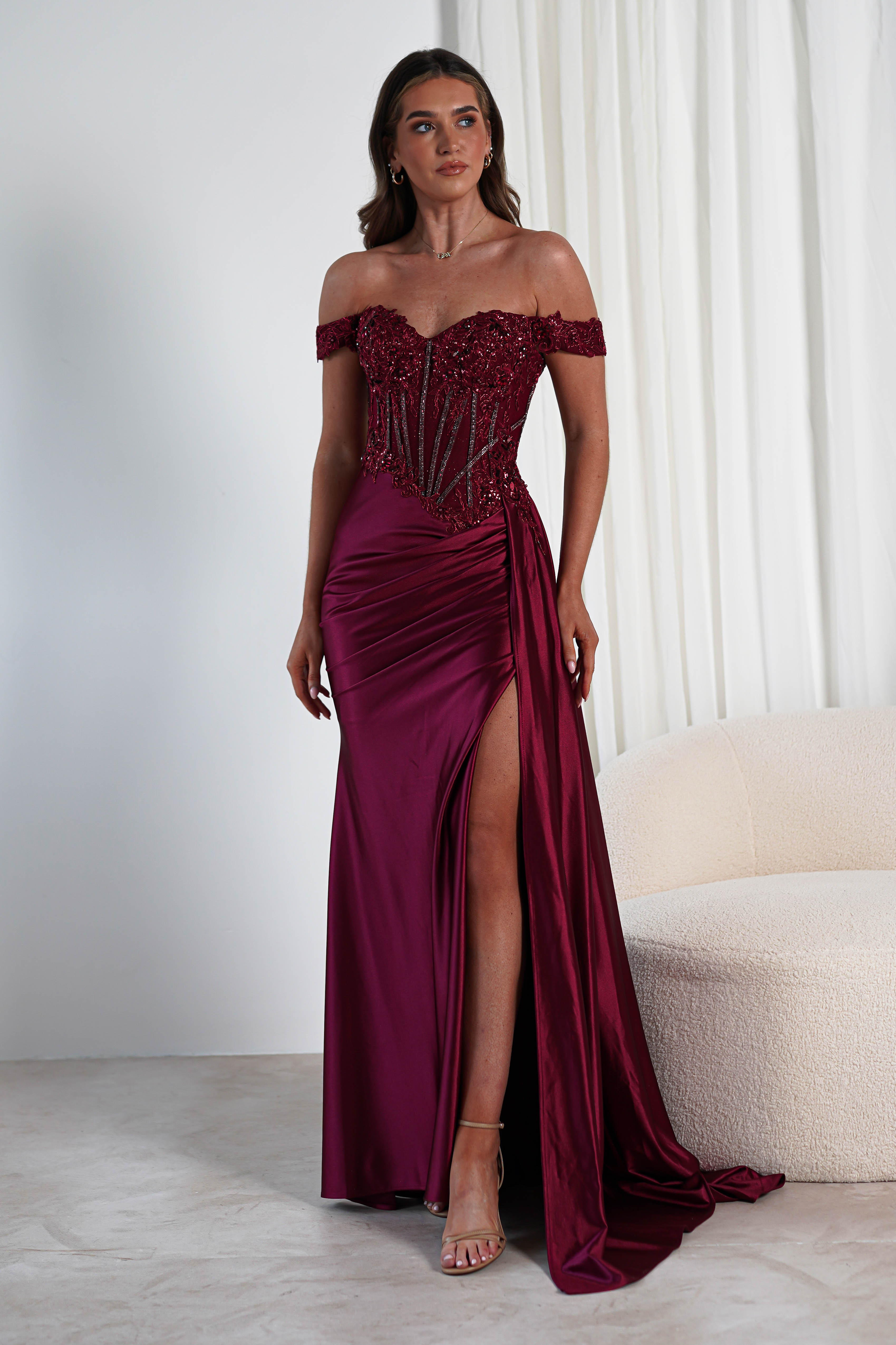 Marsela Lace Bodice Gown | Burgundy | Debs & Prom | Formal Gown | Oh Hello Clothing