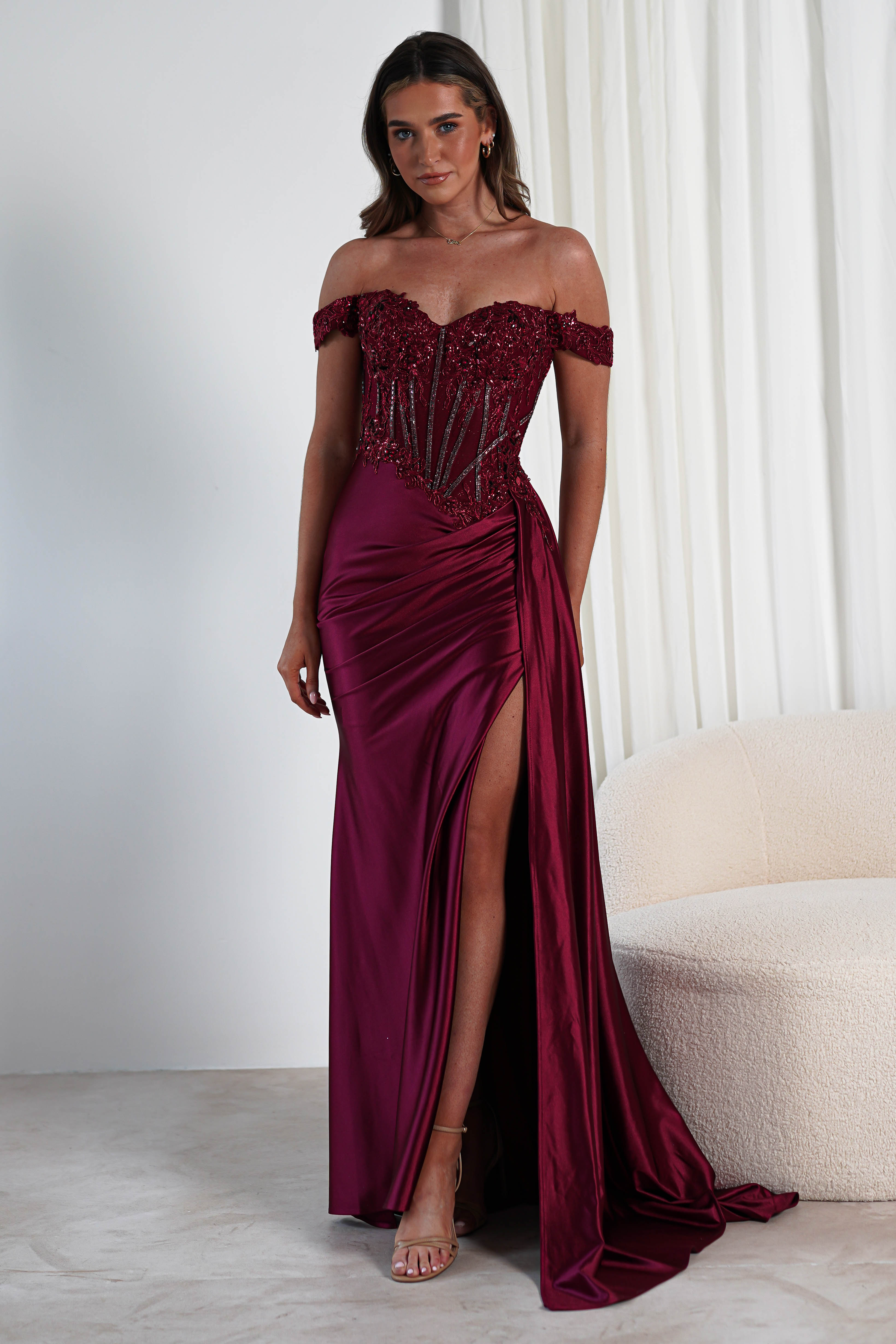 Marsela Lace Bodice Gown | Burgundy | Debs & Prom | Formal Gown | Oh Hello Clothing