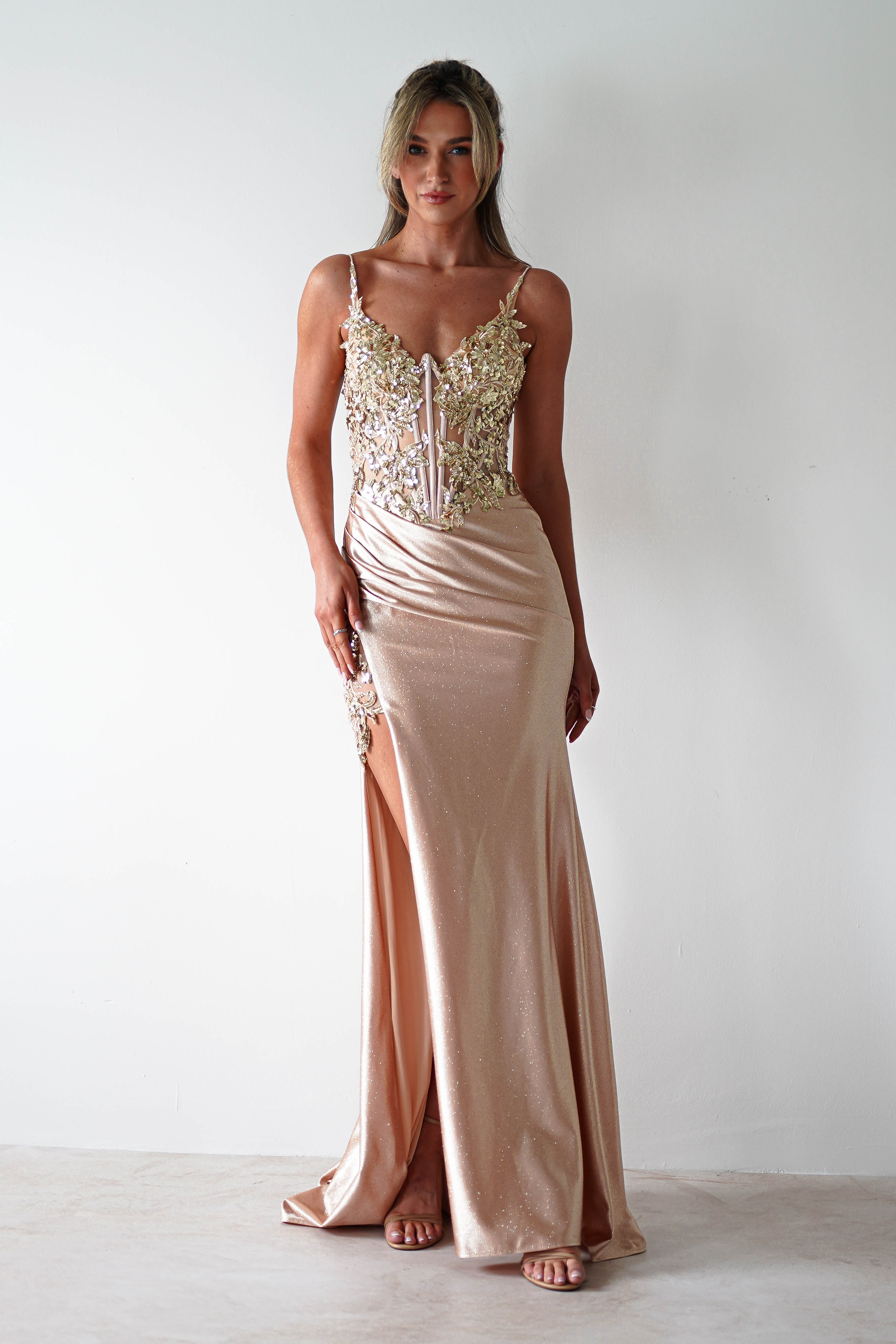 Regina Embellished Bodice Gown | Champagne/Gold | Debs & Prom | Formal Gown | Oh Hello Clothing