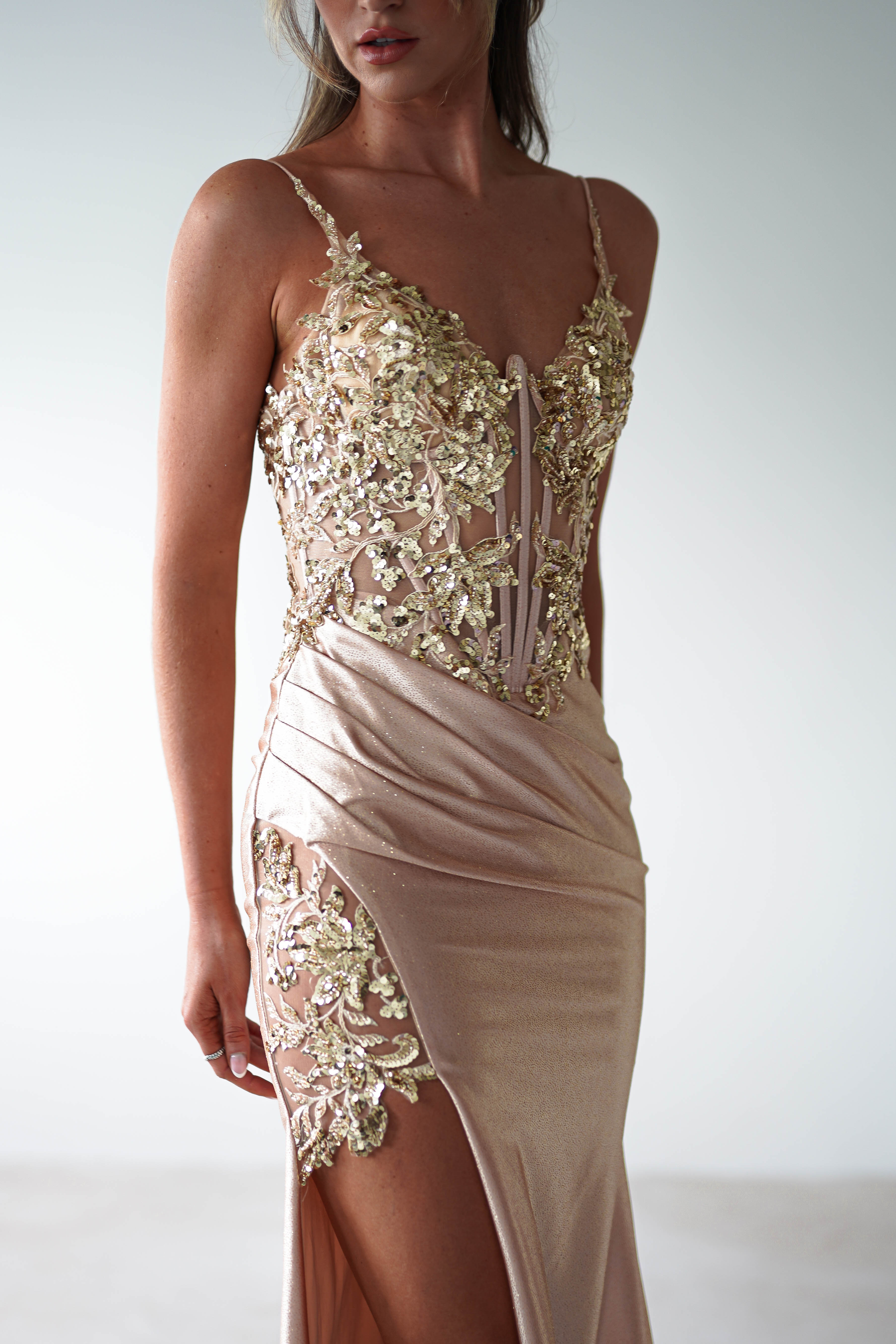 Regina Embellished Bodice Gown | Champagne/Gold | Debs & Prom | Formal Gown | Oh Hello Clothing