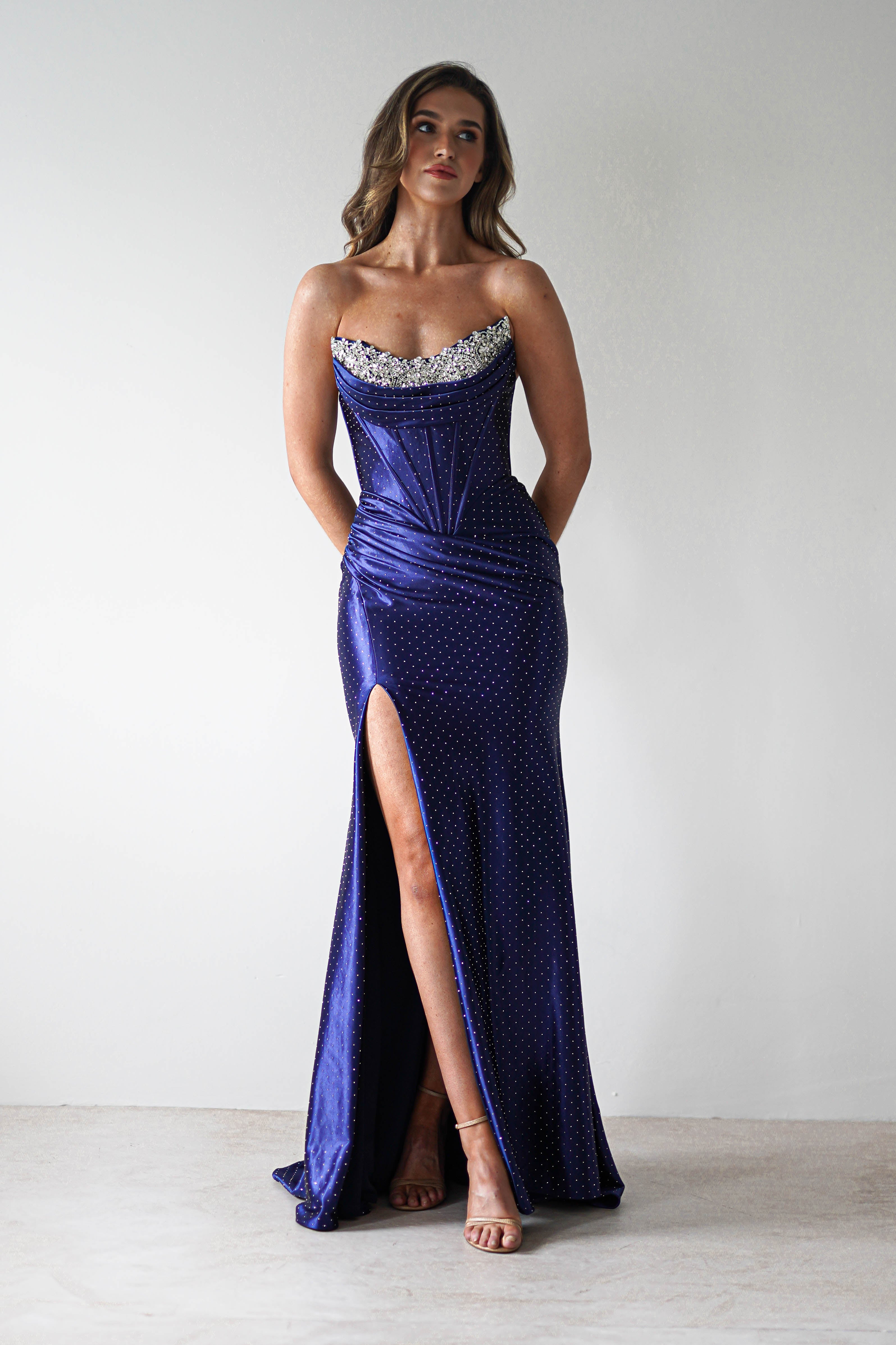 Pranvera Embellished Micro Crystal Gown | Dusty Navy | Debs & Prom | Formal Gown | Oh Hello Clothing