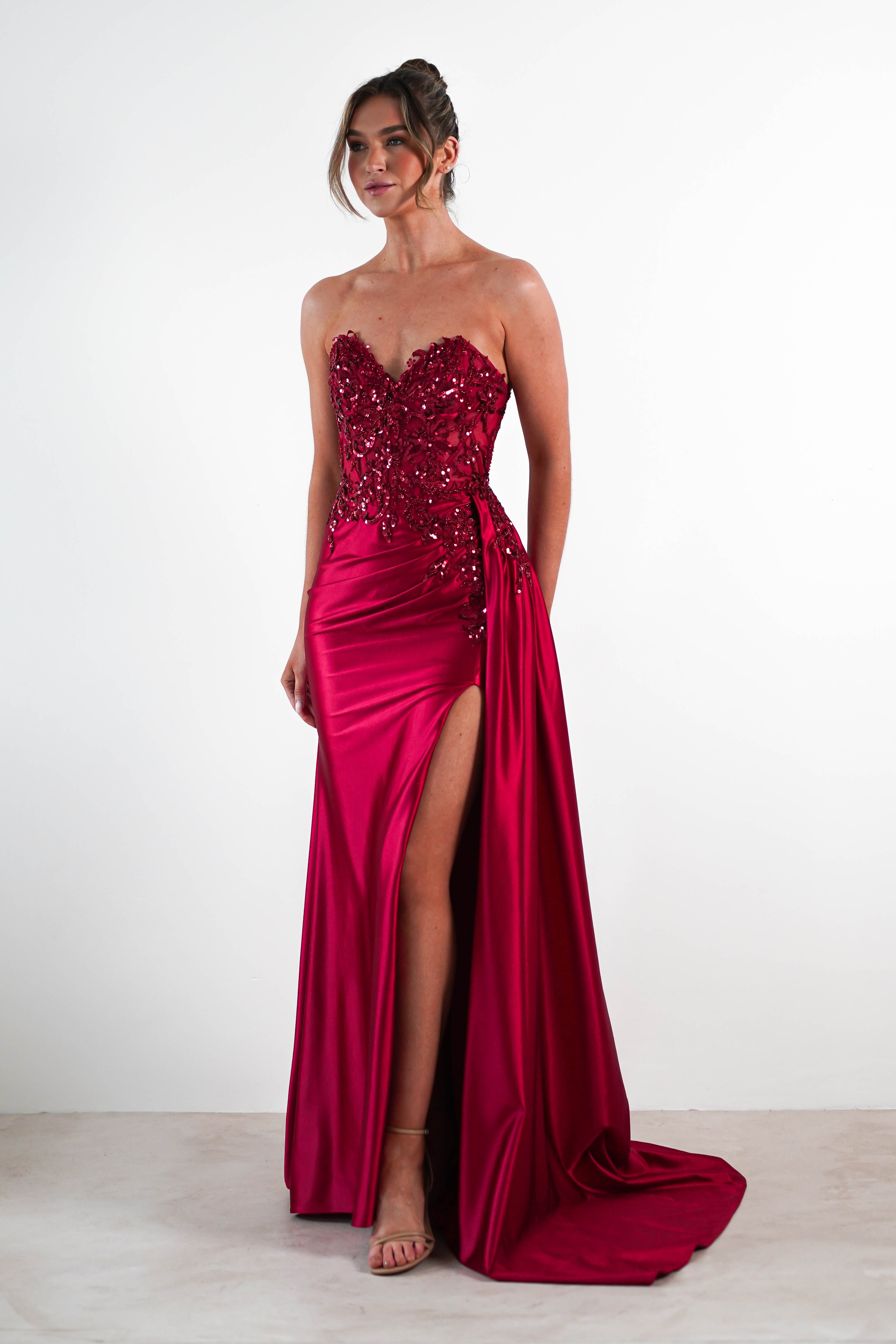 Saraya Bodycon Embellished Gown | Dark Red | Debs & Prom | Formal Gown | Oh Hello Clothing