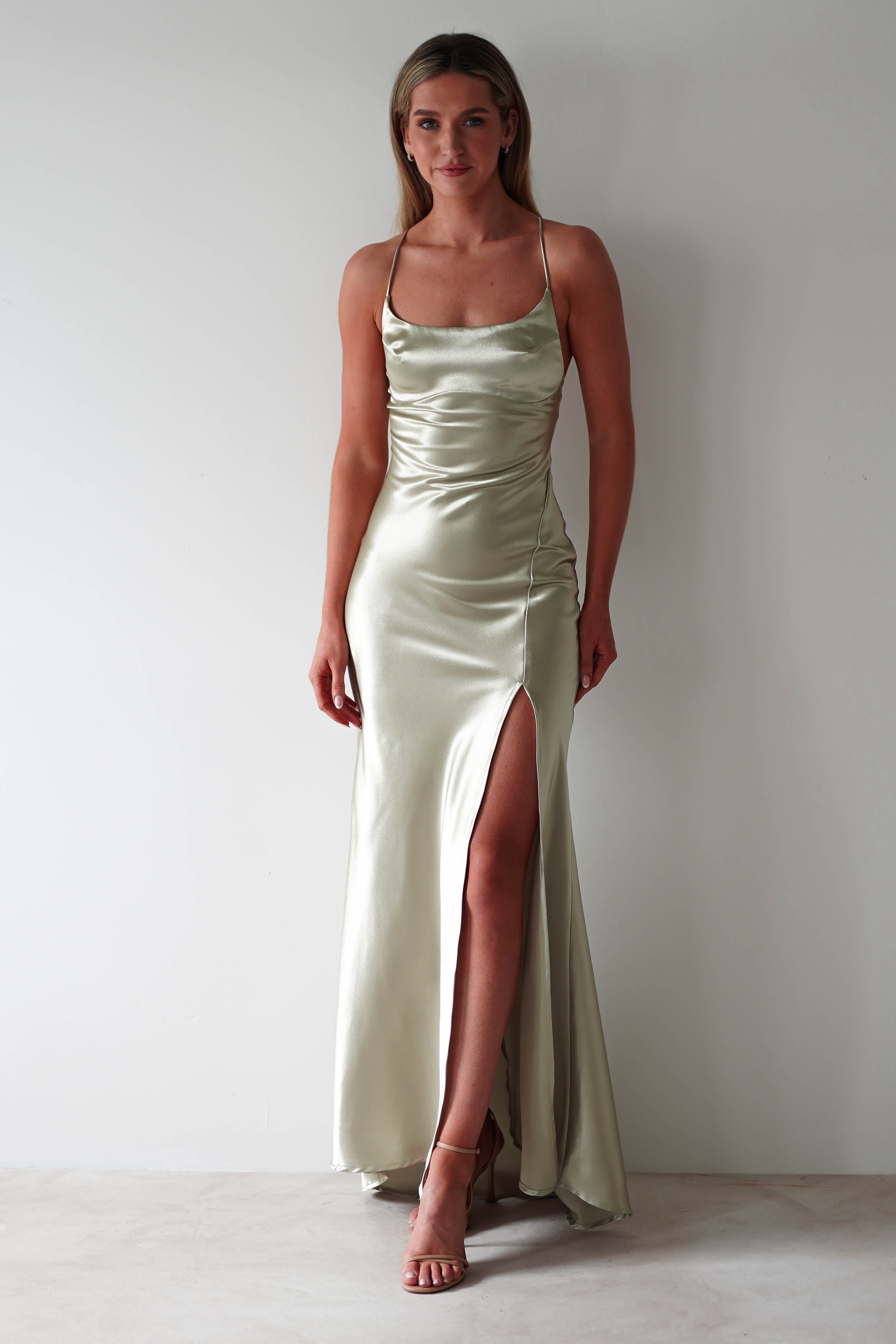 Celinee Satin Maxi Gown | Sage | Debs & Prom | Formal Gown | Oh Hello Clothing