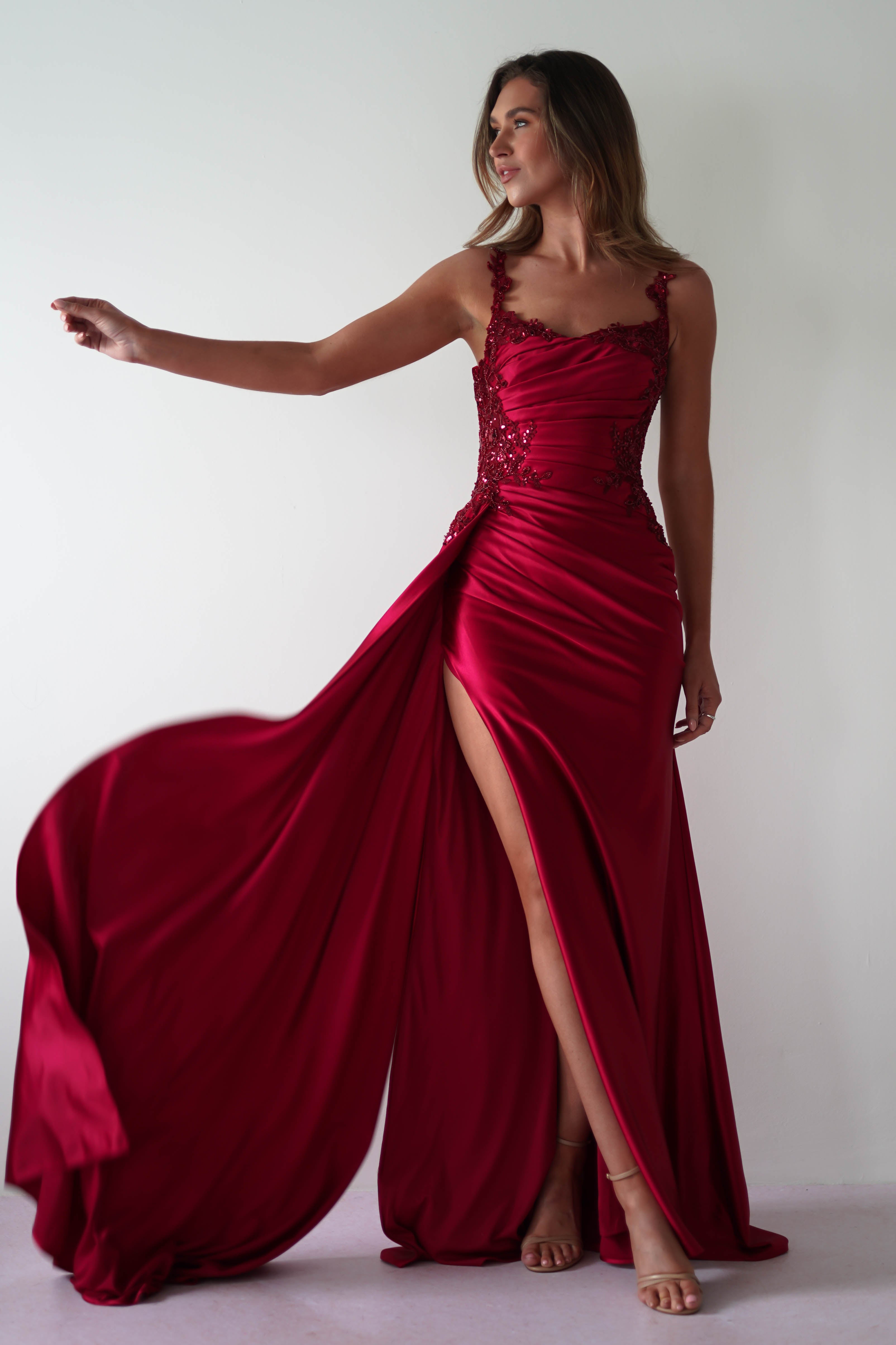 Cindy Pleated Bodice Gown | Burgundy | Debs & Prom | Formal Gown | Oh Hello Clothing