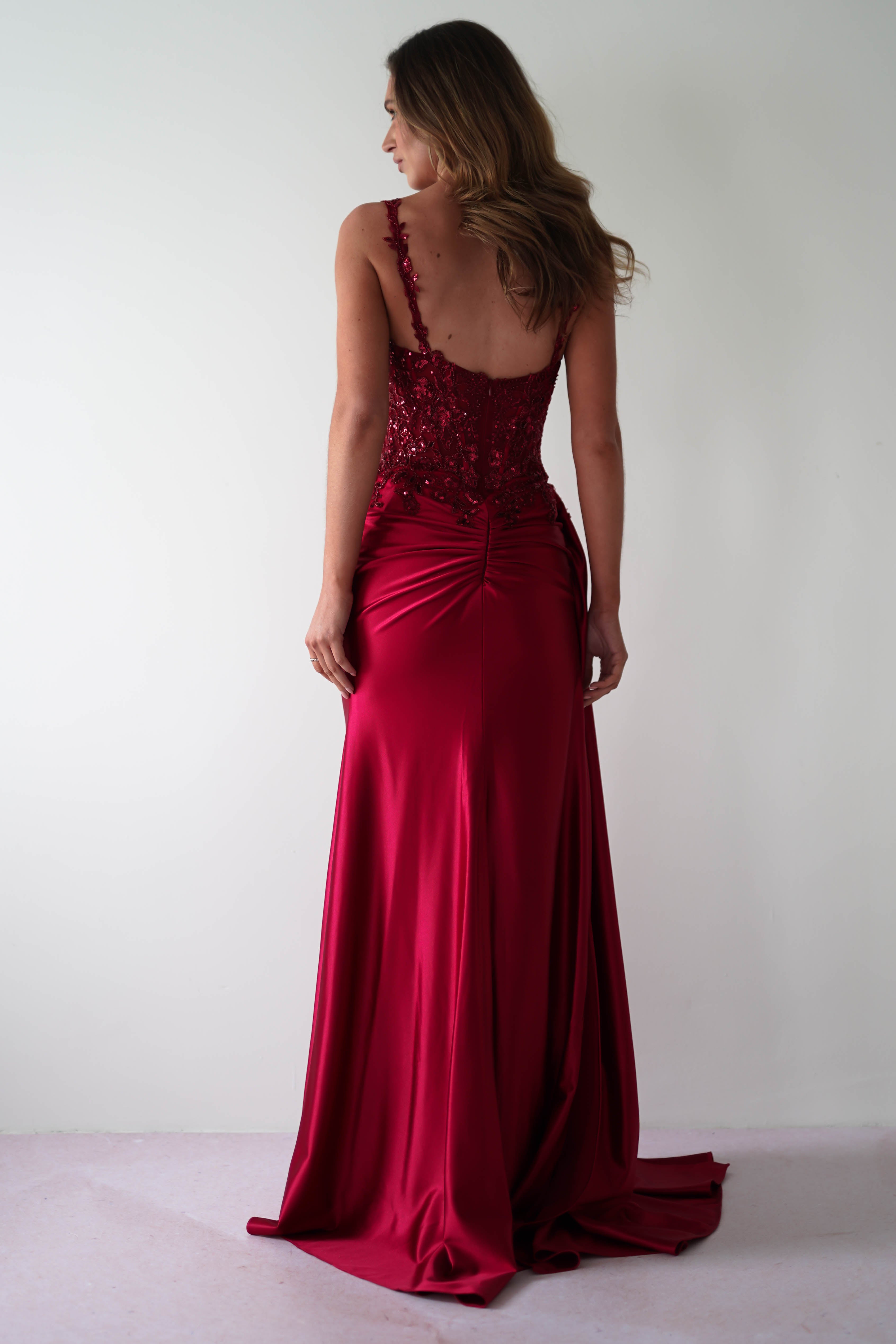 Cindy Pleated Bodice Gown | Burgundy | Debs & Prom | Formal Gown | Oh Hello Clothing