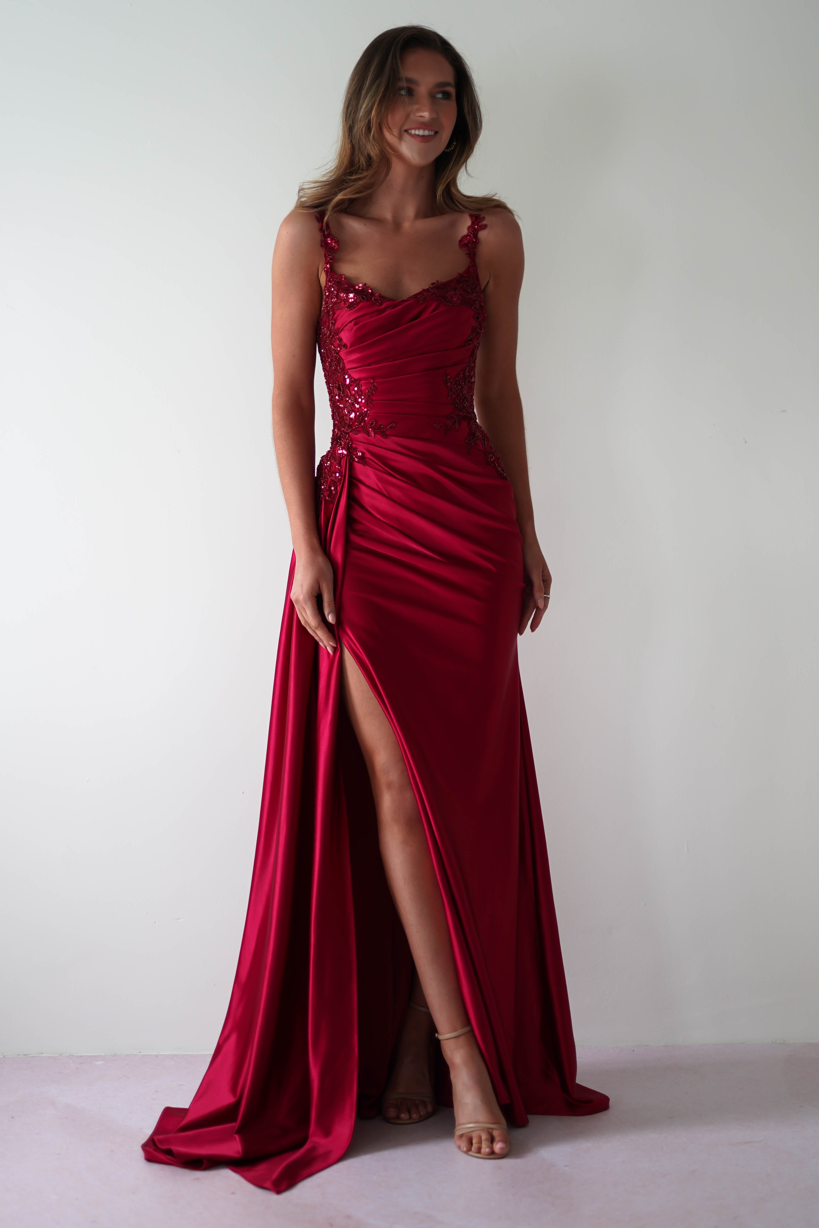 Cindy Pleated Bodice Gown | Burgundy | Debs & Prom | Formal Gown | Oh Hello Clothing