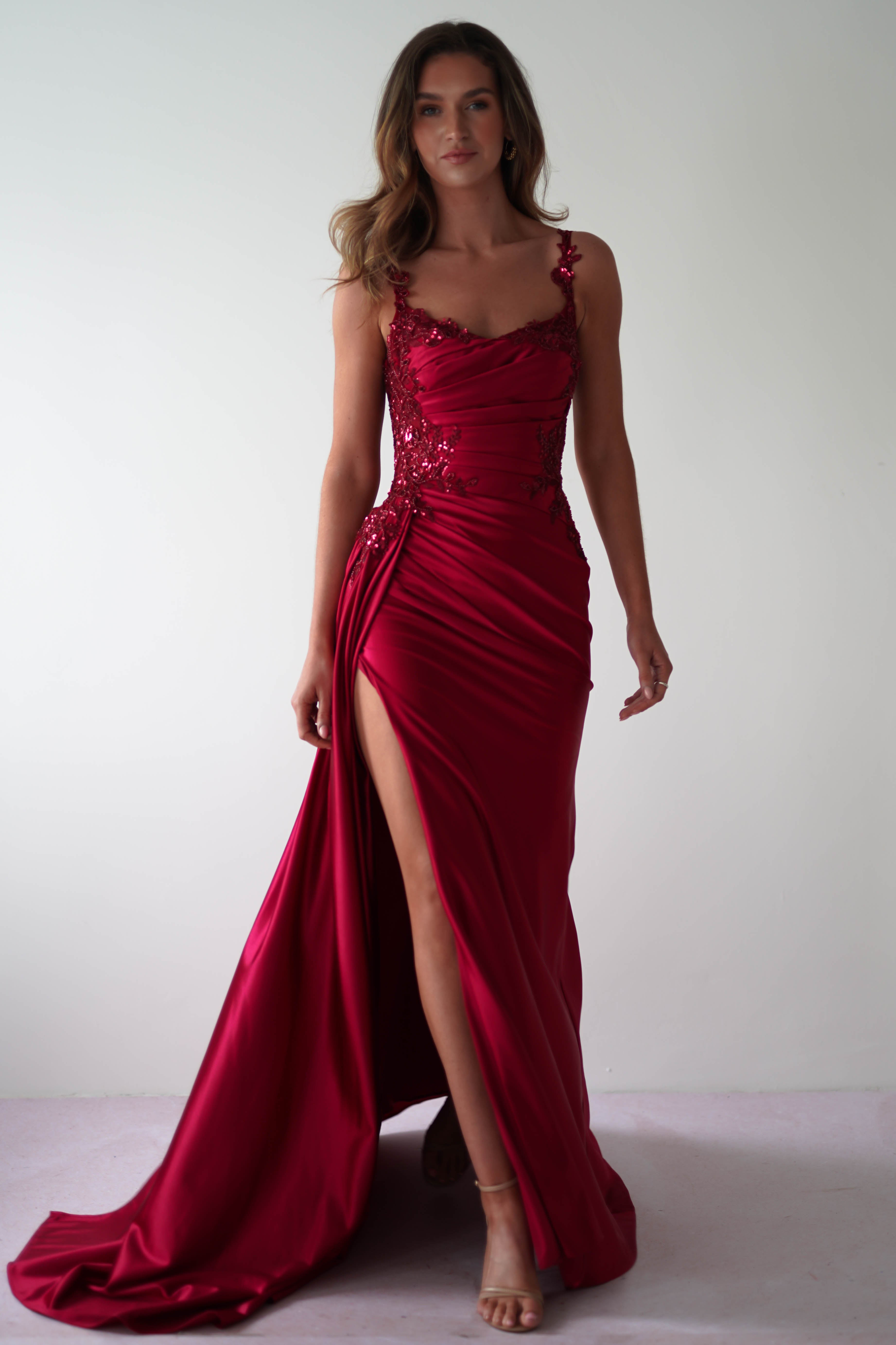 Cindy Pleated Bodice Gown | Burgundy | Debs & Prom | Formal Gown | Oh Hello Clothing