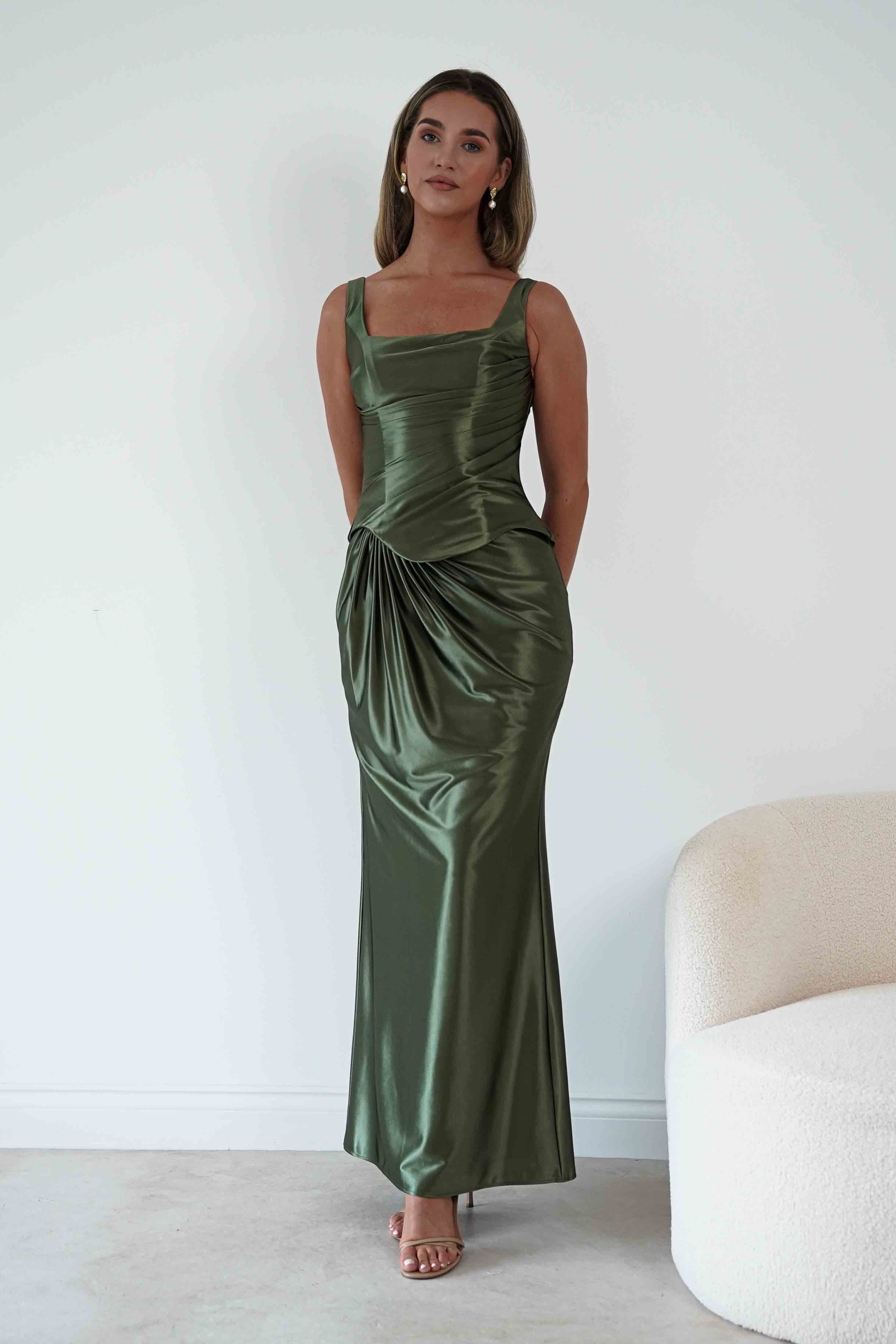 Oh Hello Clothing Women > Clothing > Dresses 1*DONE*CIND-CH2604-OLIVE GREEN DRAPED SATIN MAXI DRESS