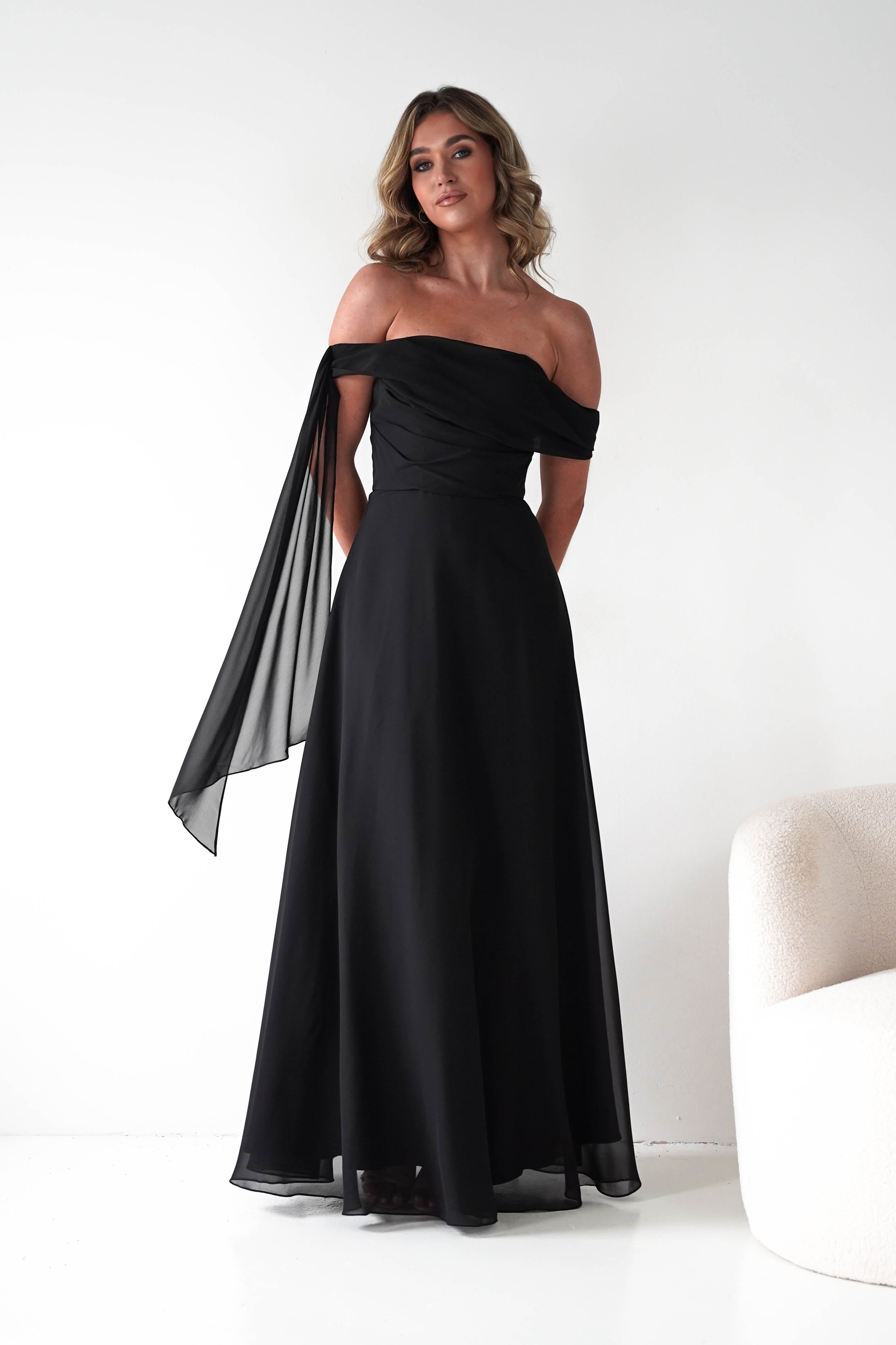 Oh Hello Clothing Dresses 1*DONE -CINDERALLA-BLACK DRESS DRAPE DSEIGN ON ONE SIDE- T716