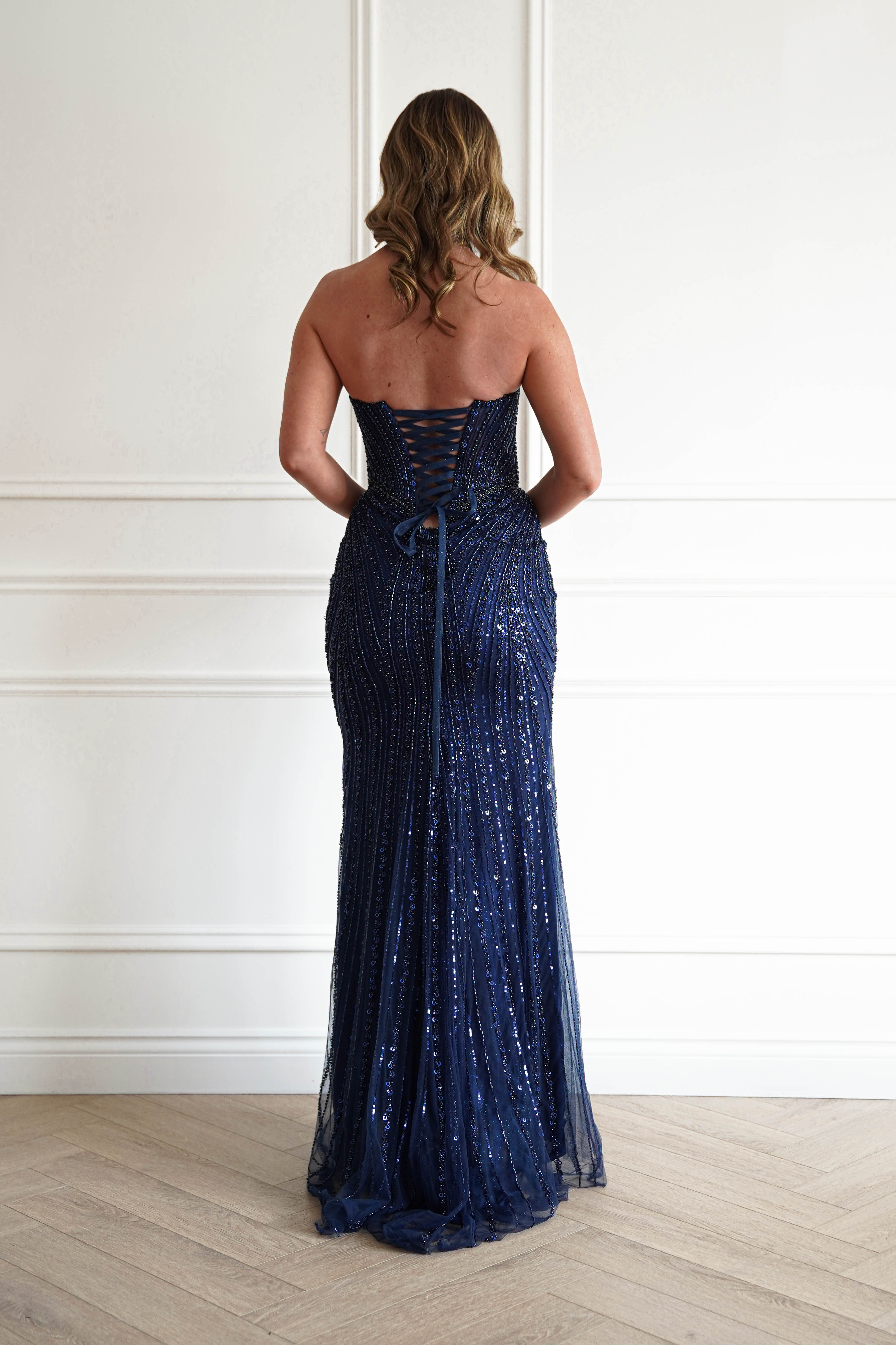 Oh Hello Clothing Women > Clothing > Dresses 1*DONE -CINDERALLA-CC398-Beaded Corset Maxi Dress in NAVY (Copy)